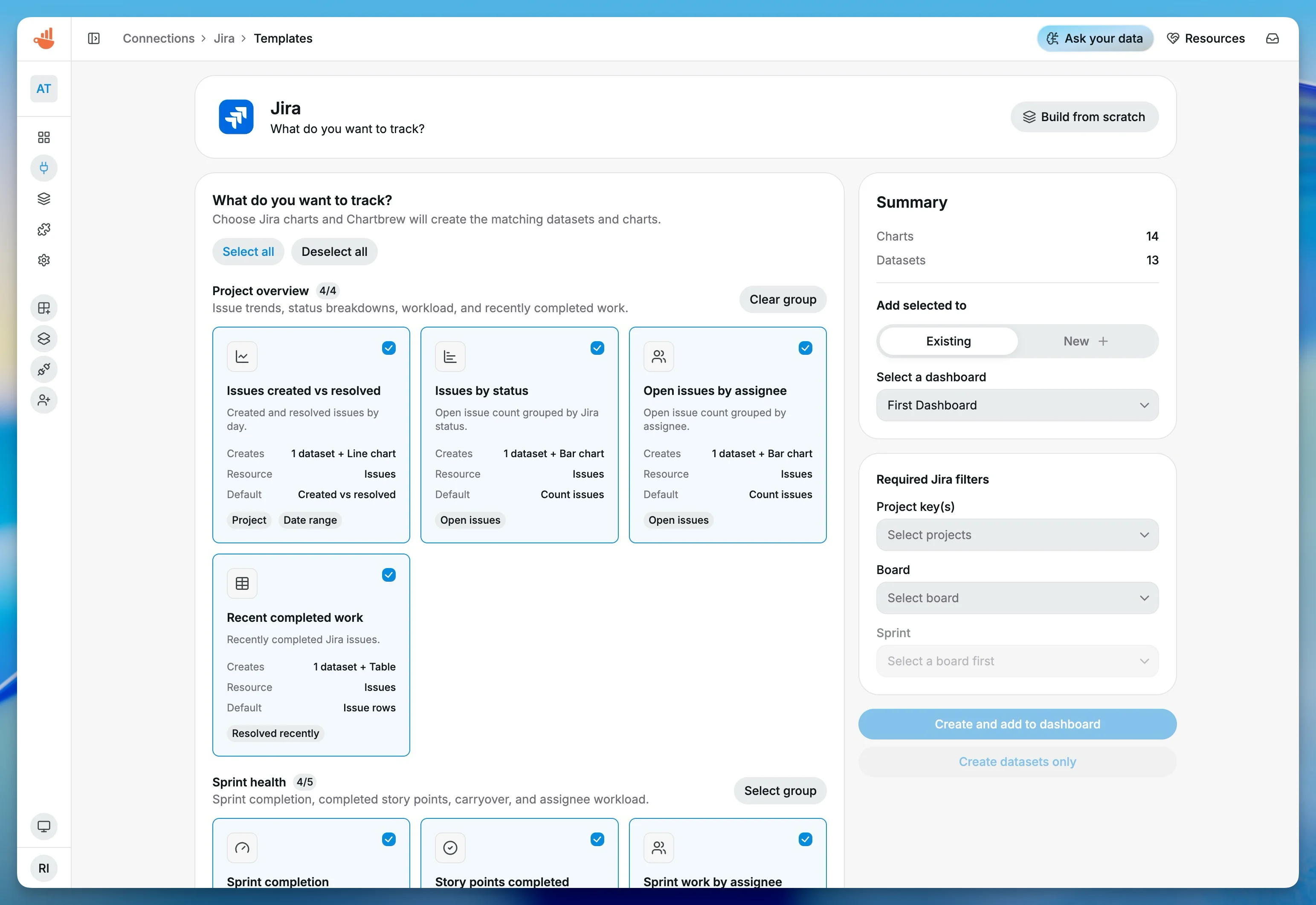 Chartbrew dashboards that can be used for Jira reporting
