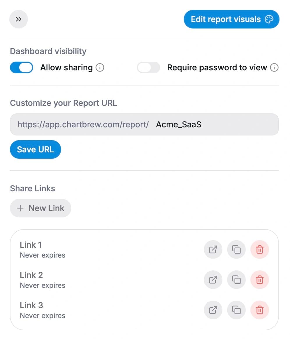 Embedded dashboard and sharing controls in Chartbrew