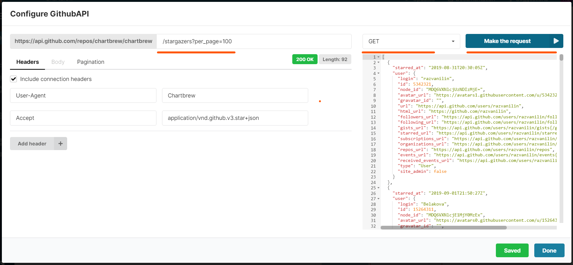 API request configuration in Chartbrew