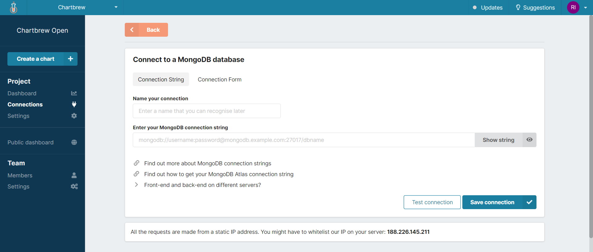 MongoDB data connection form