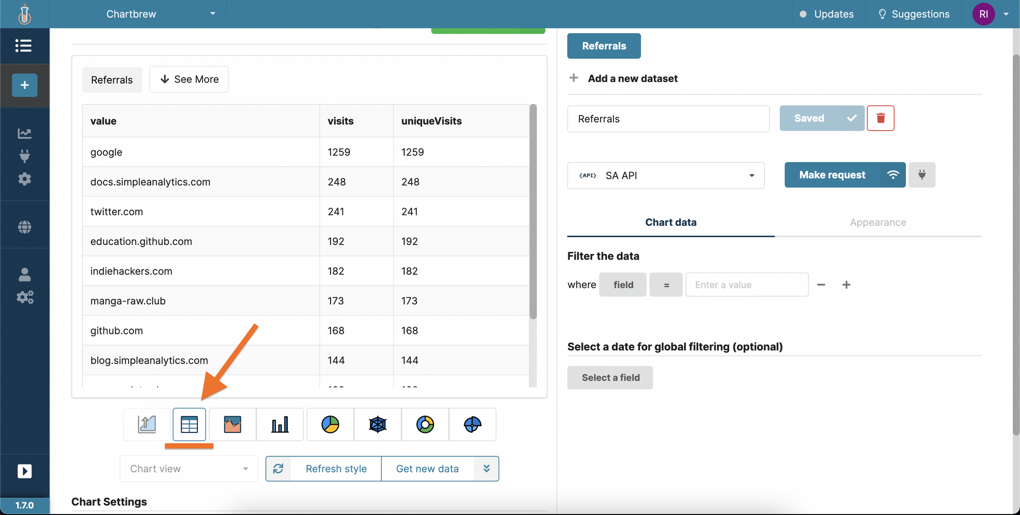 Table view in Chartbrew