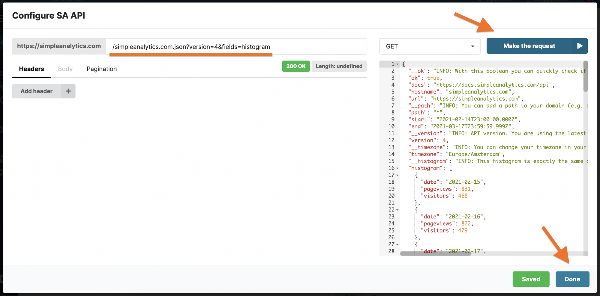 Simple Analytics API request from Chartbrew