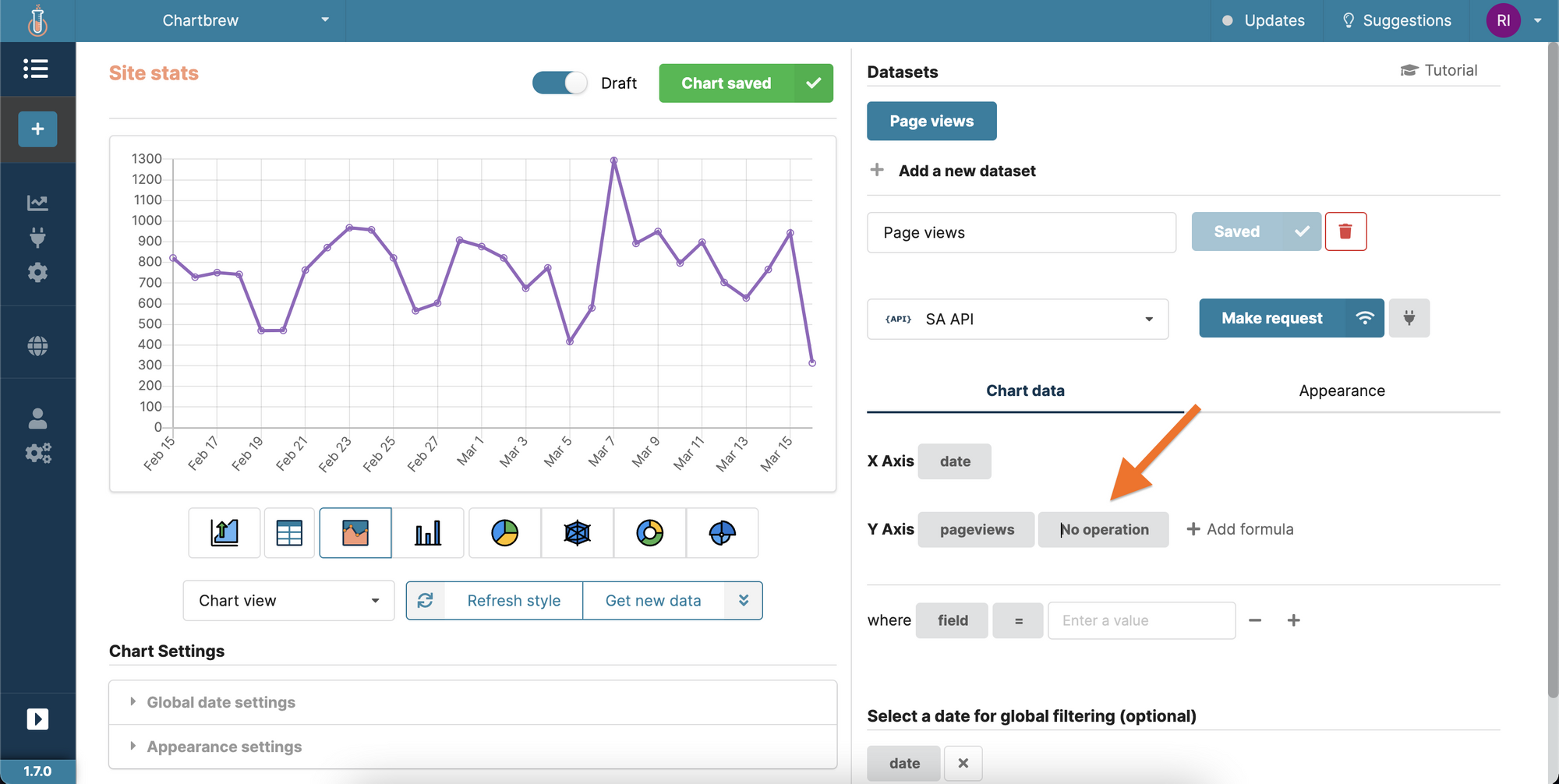Simple Analytics page views in Chartbrew