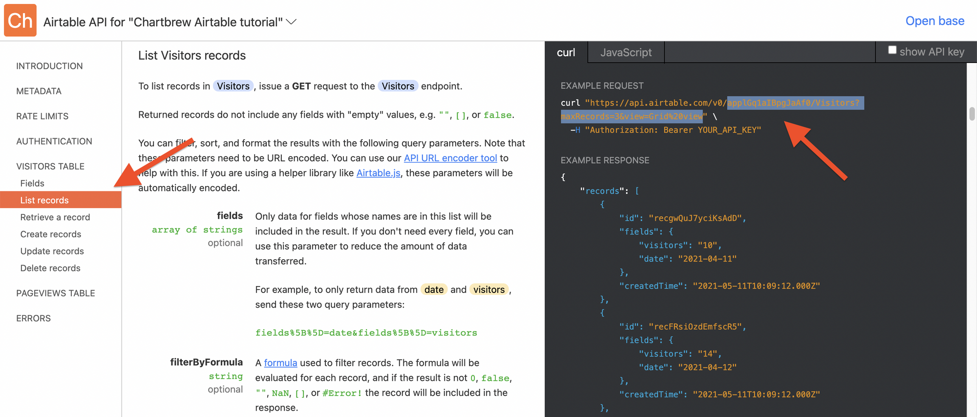 curl request to get Airtable data in Chartbrew