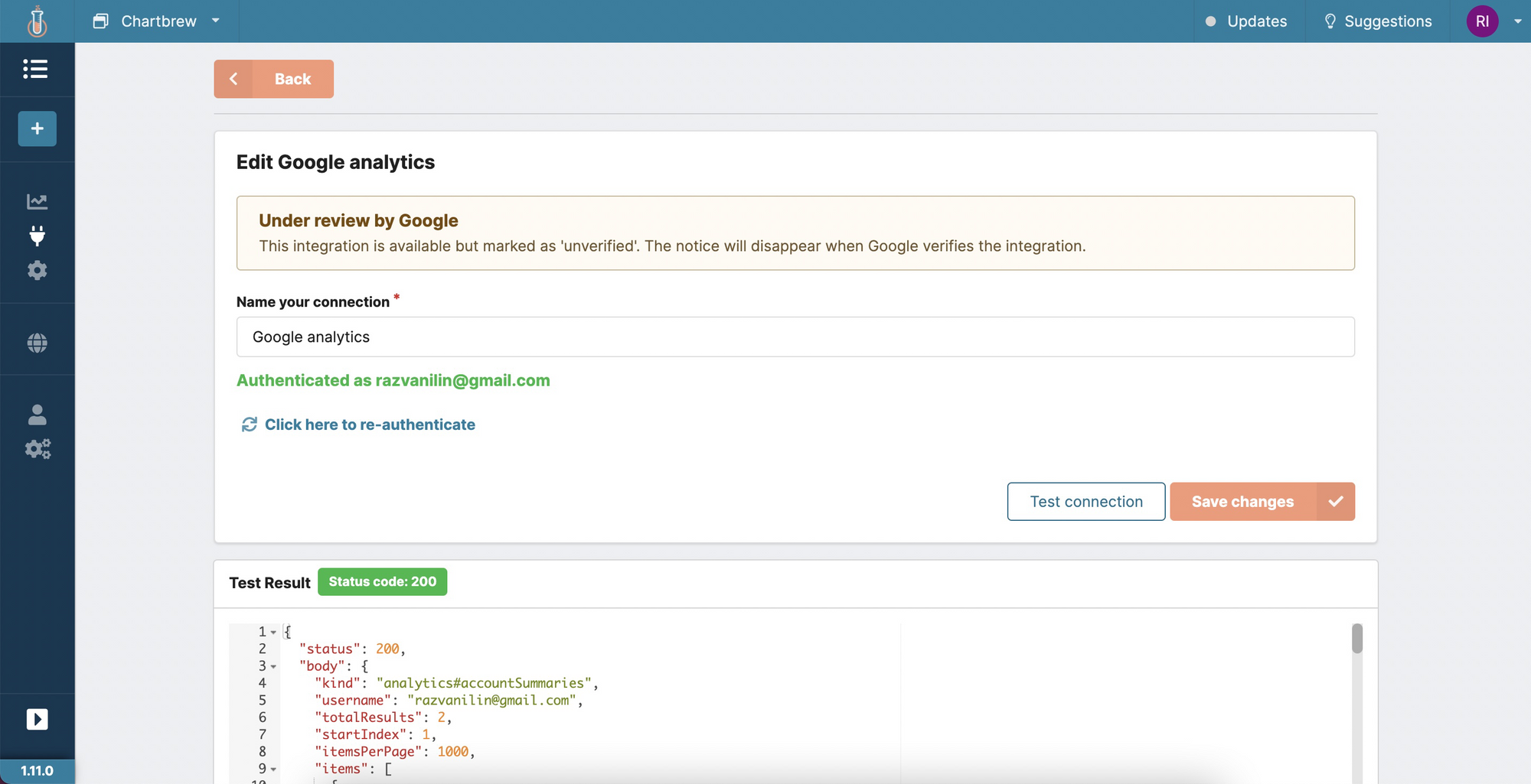 Google analytics integration with Chartbrew