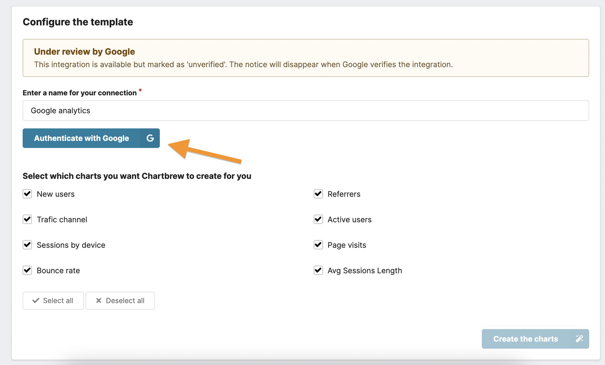 Authenticating Google Analytics with Chartbrew