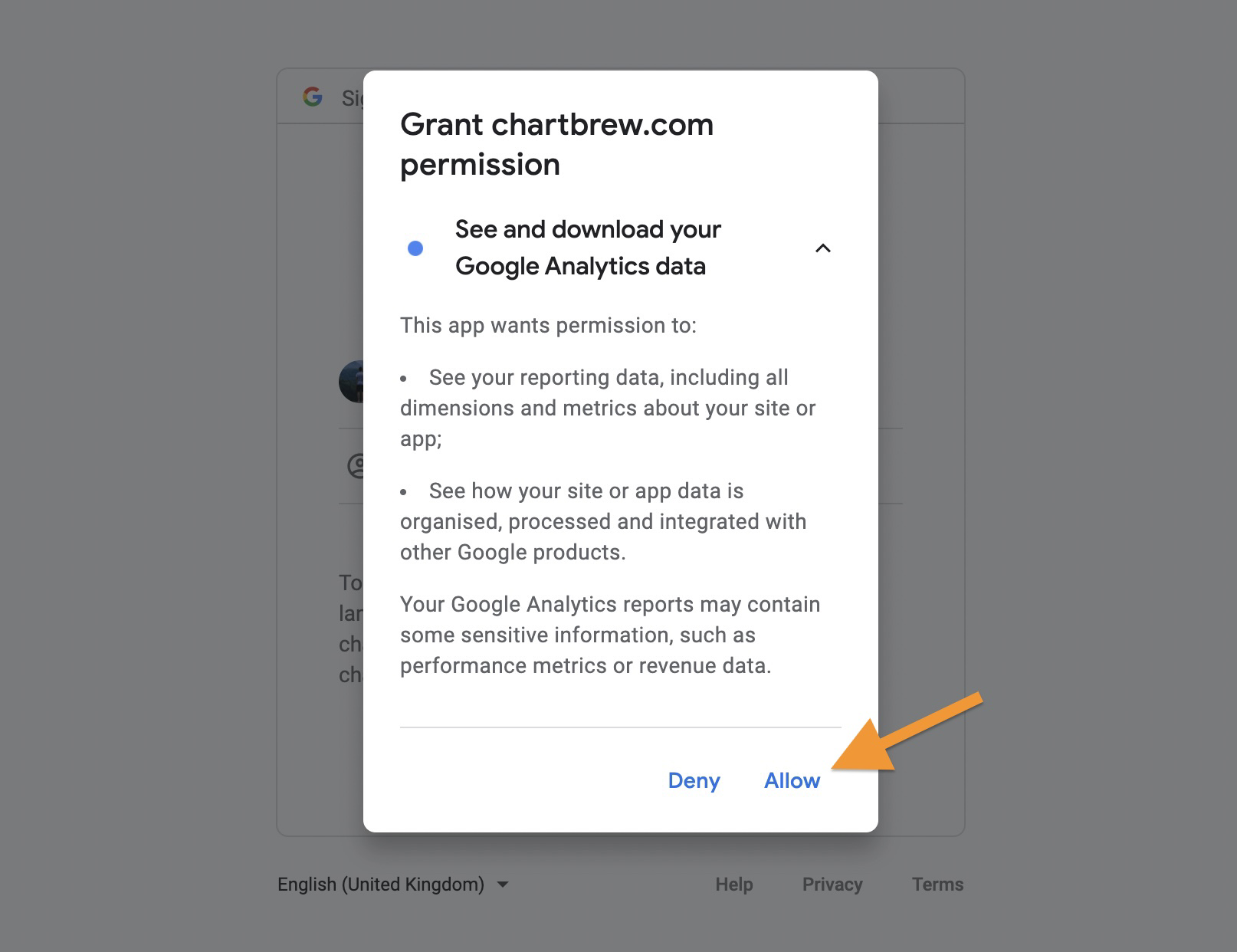 Read permissions for Chartbrew to read Google Analytics data