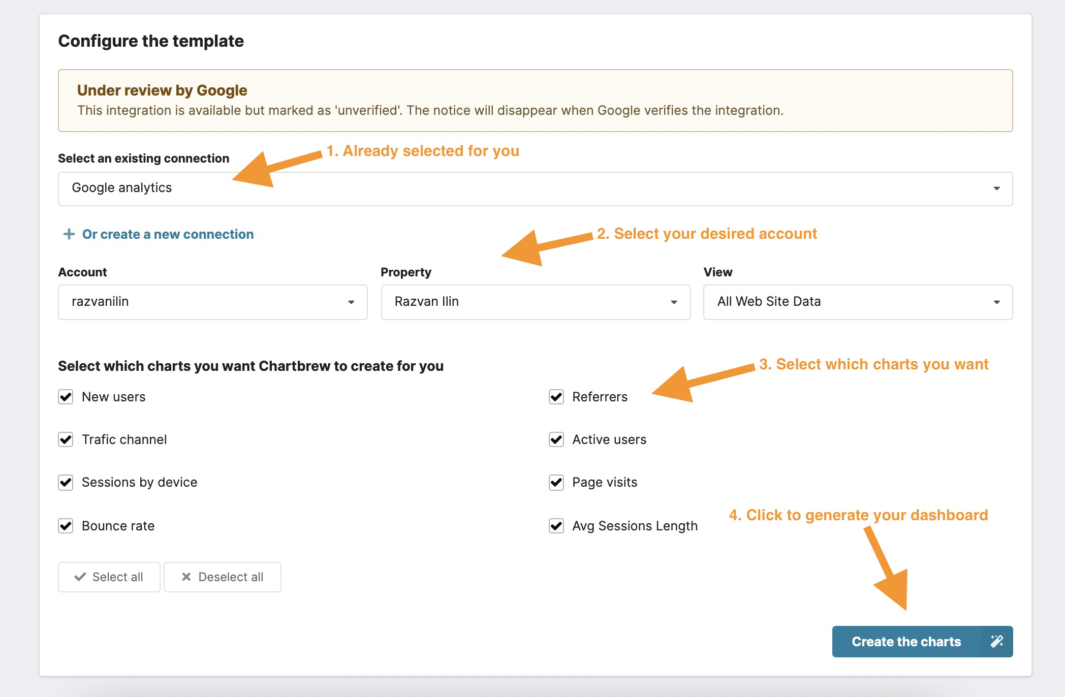 Google analytics template form in Chartbrew