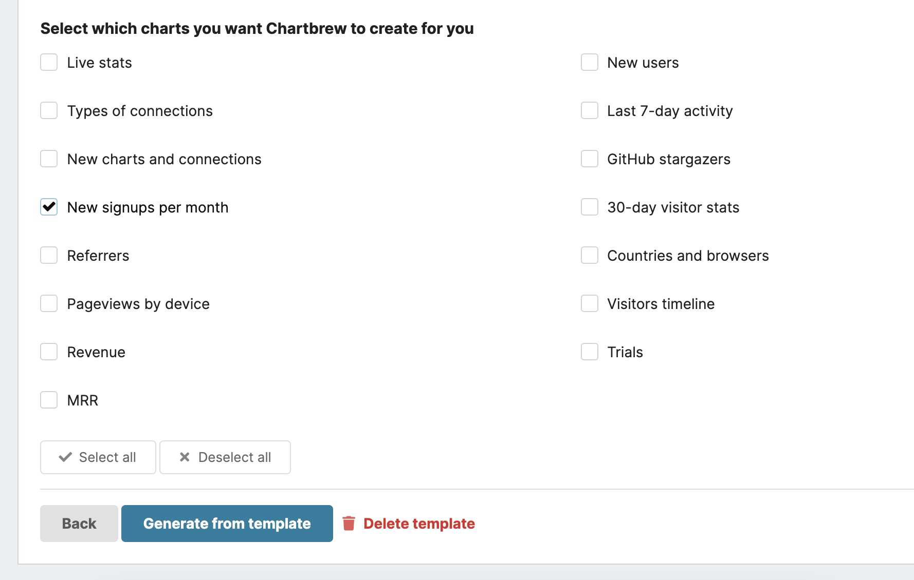 Select which charts to be created from the Chartbrew template