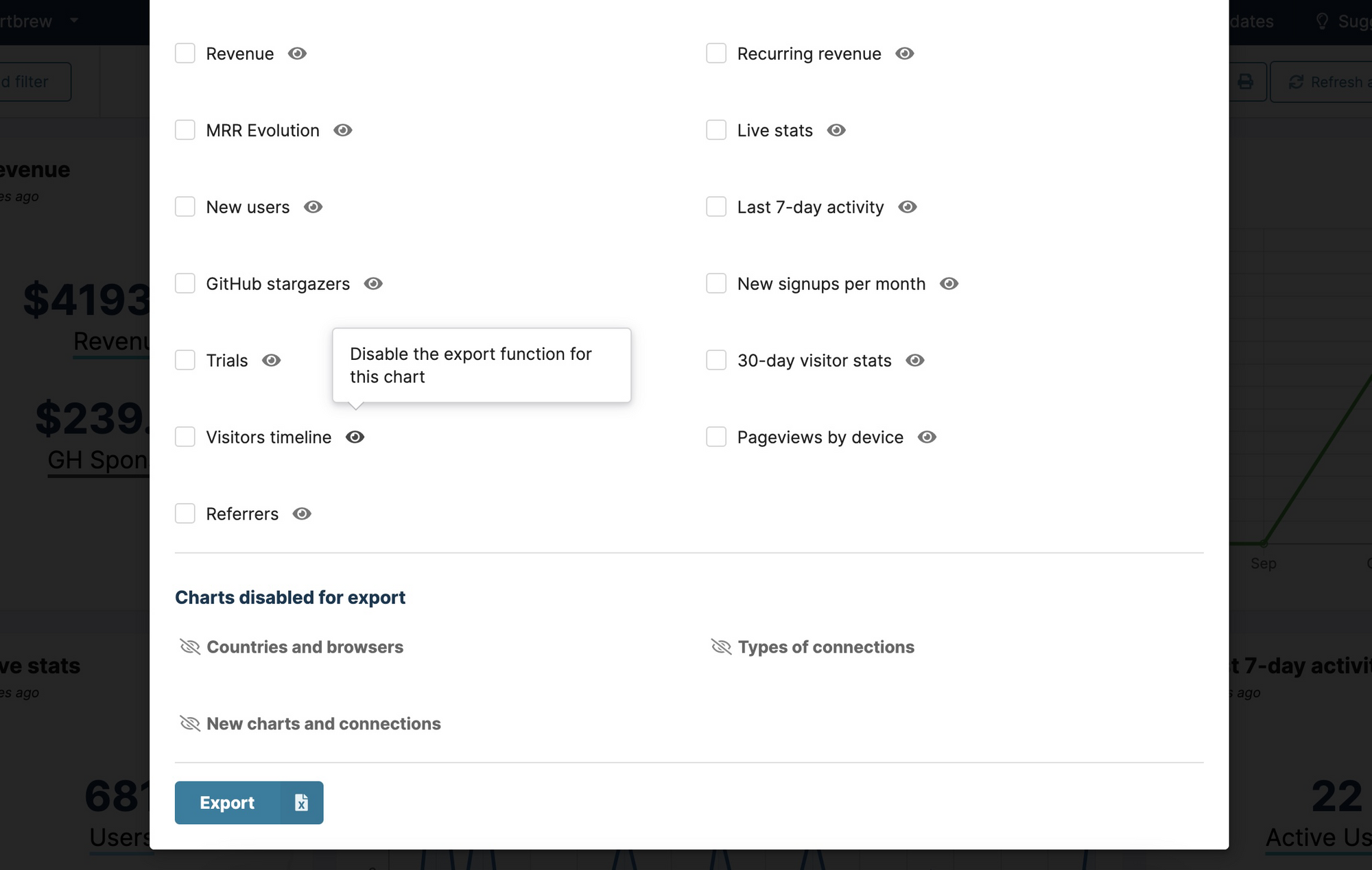 Show or hide charts from exports in Chartbrew