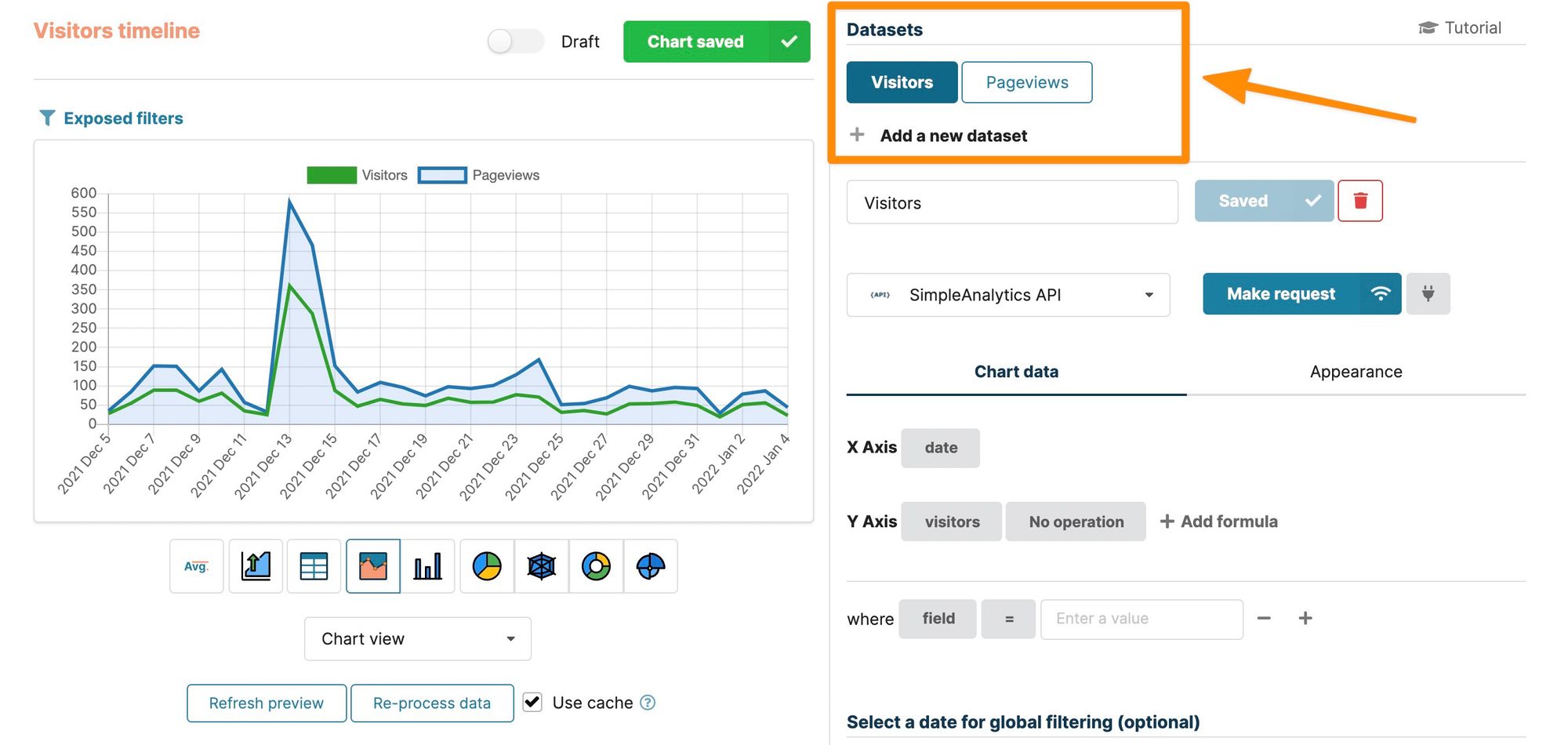 Adding multiple datasets in Chartbrew charts