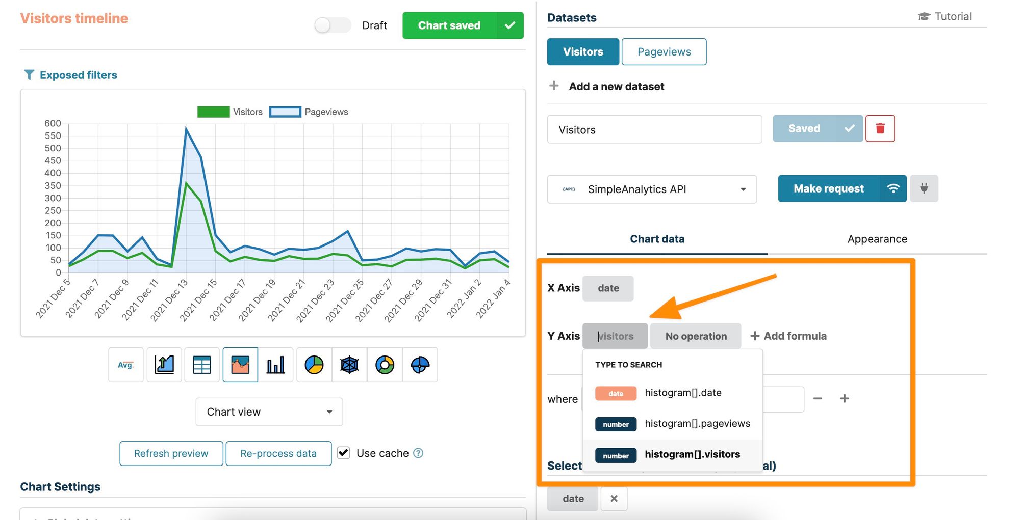 Selecting a chart field in Chartbrew