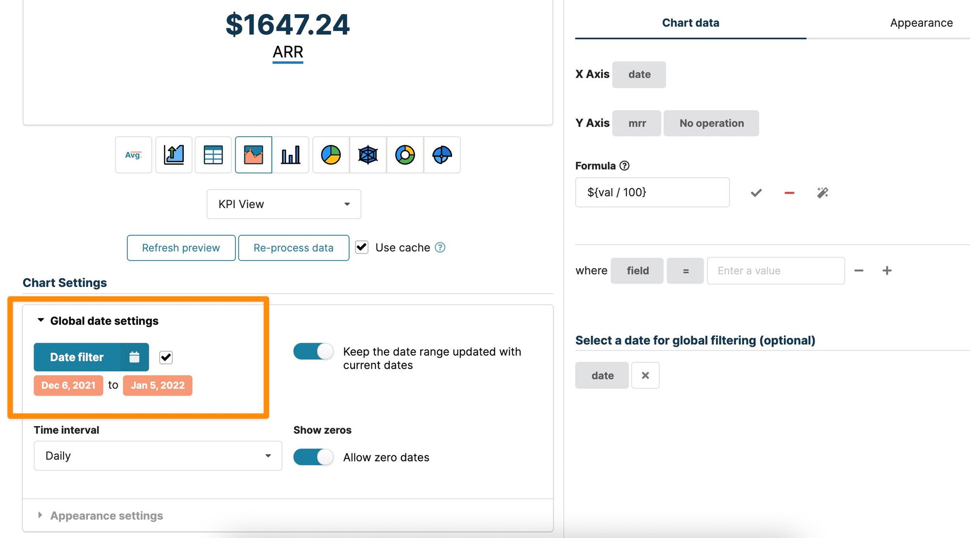 Date range filtering for the charts in Chartbrew