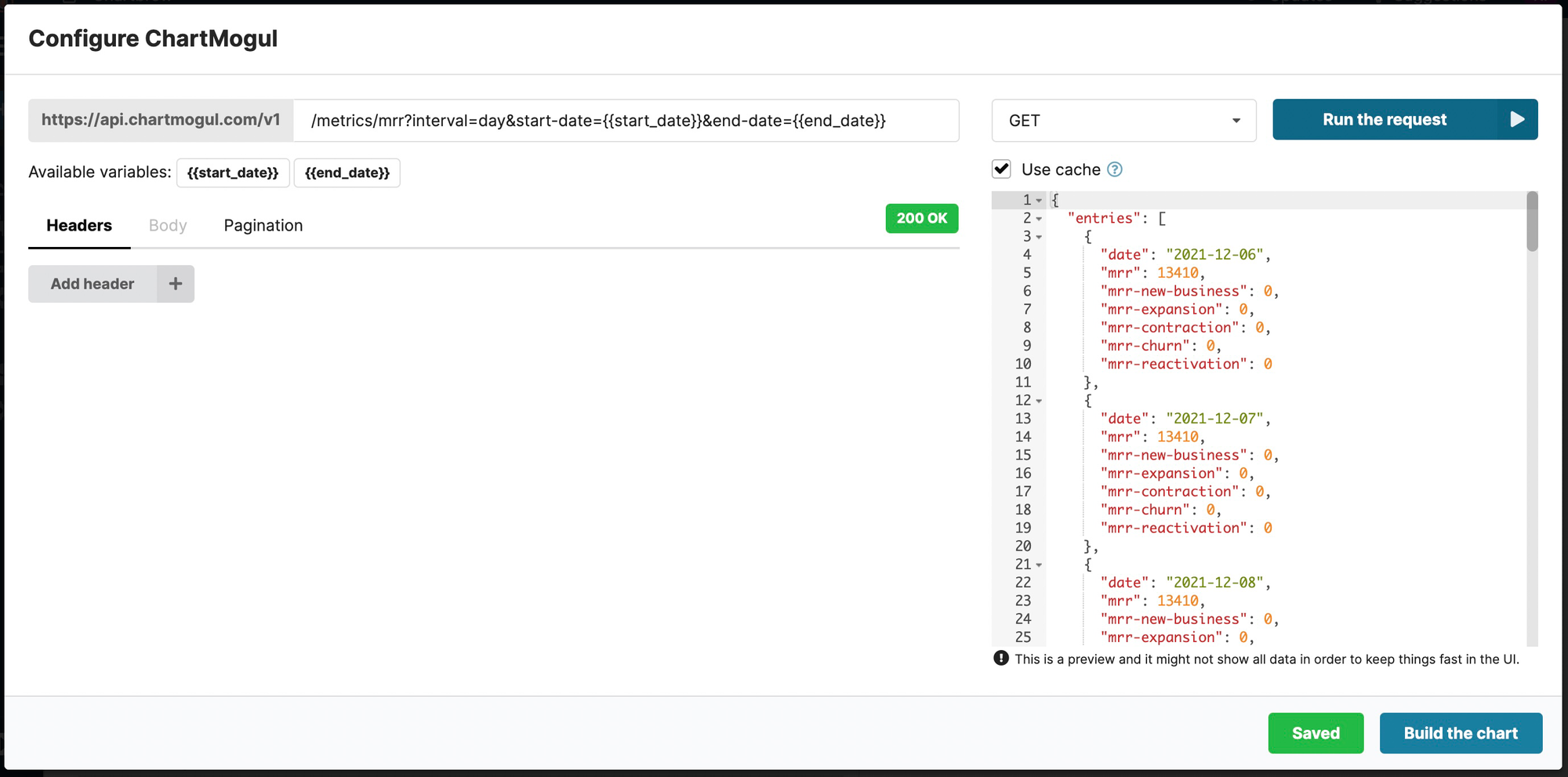 REST API request in Chartbrew