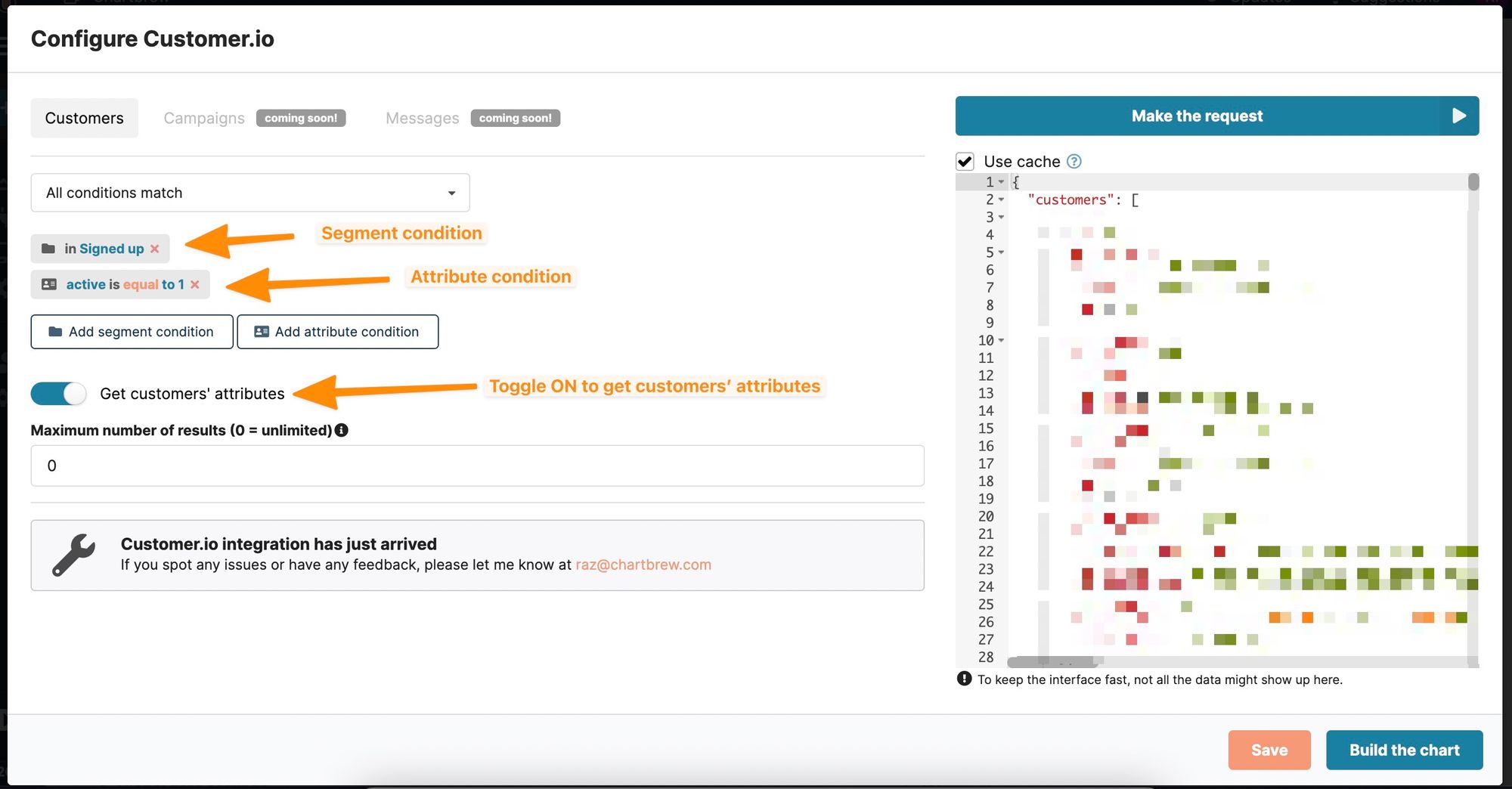 Configure Customer.io data request in Chartbrew