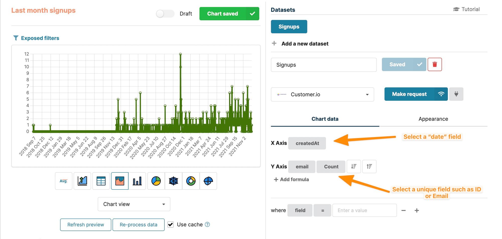 Selecting fields for the X & Y Axes in Chartbrew