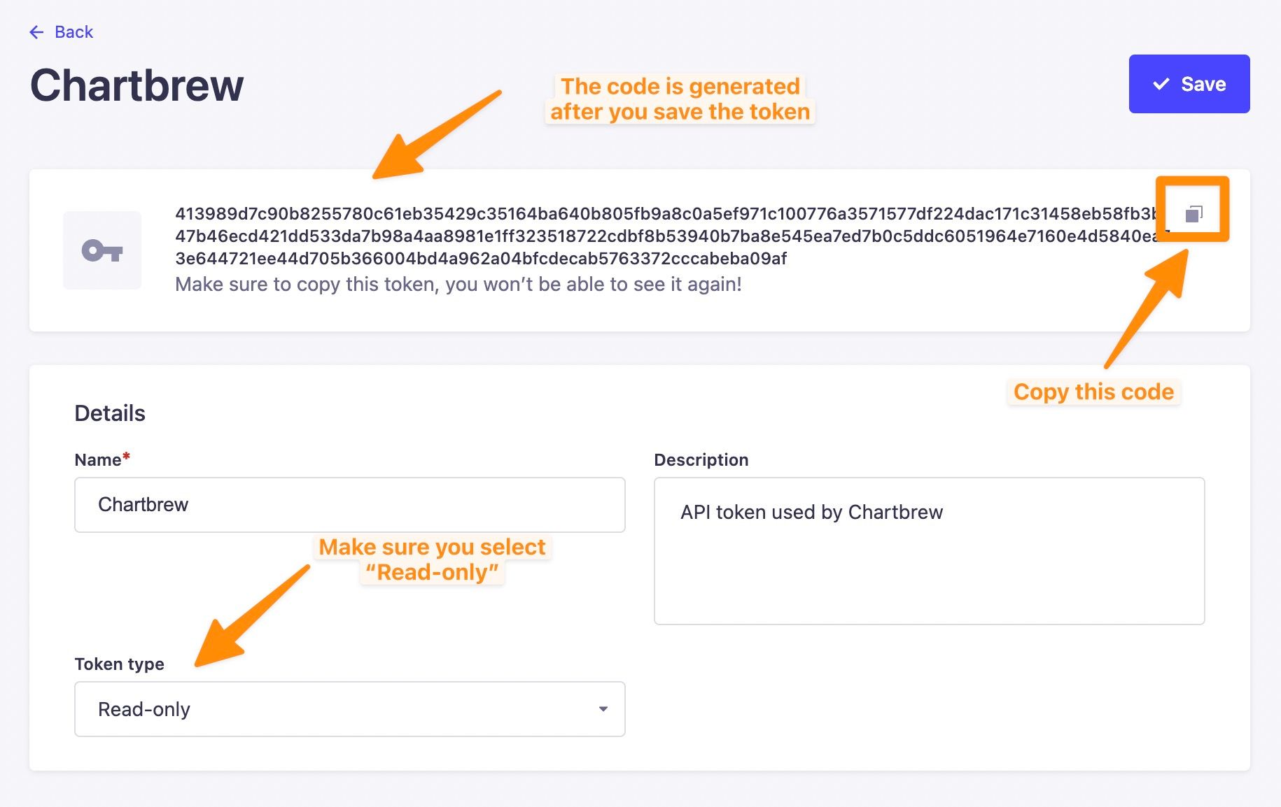 Strapi token used for the Chartbrew connection