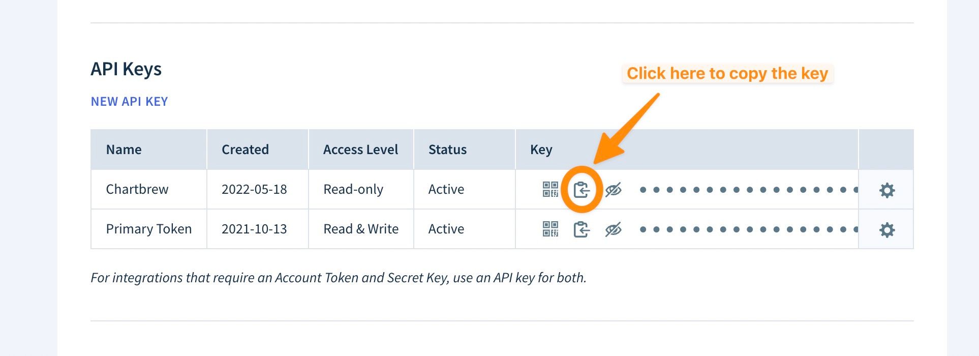 Copying the API Key in Chartbrew