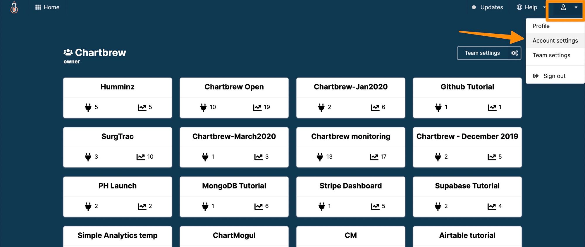 Accessing account settings in Chartbrew