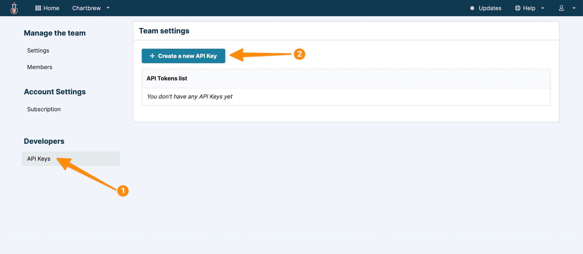 Creating a new API key in Chartbrew