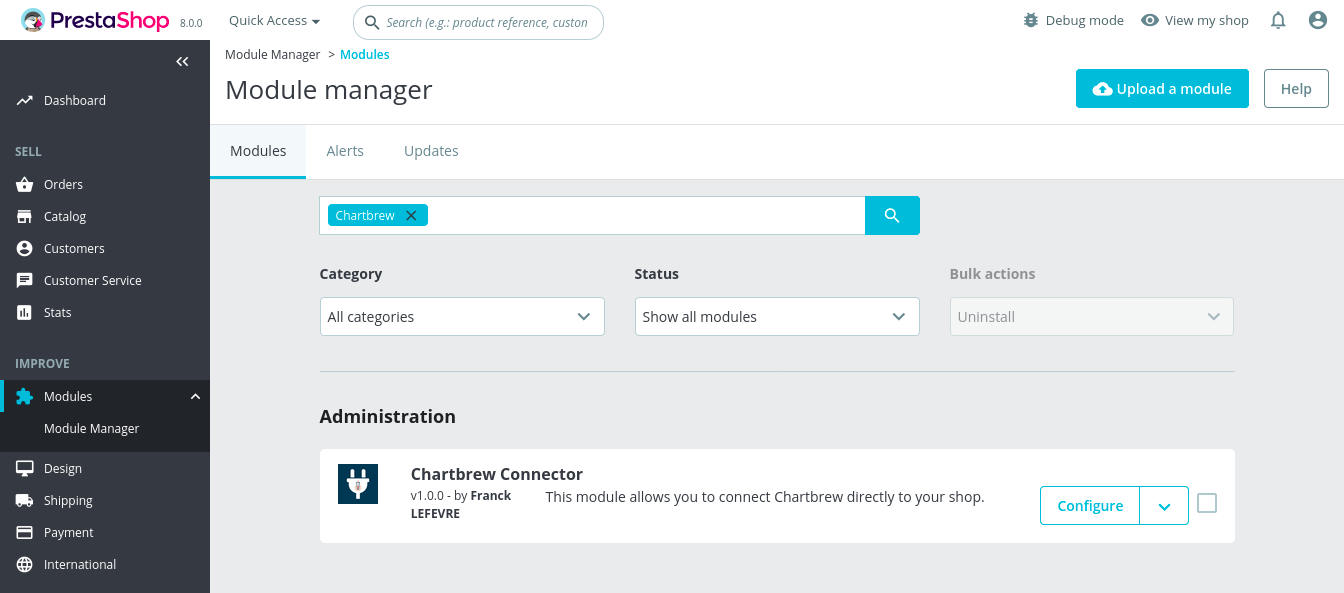 Search for the Chartbrew Connector in the PrestaShop Back Office
