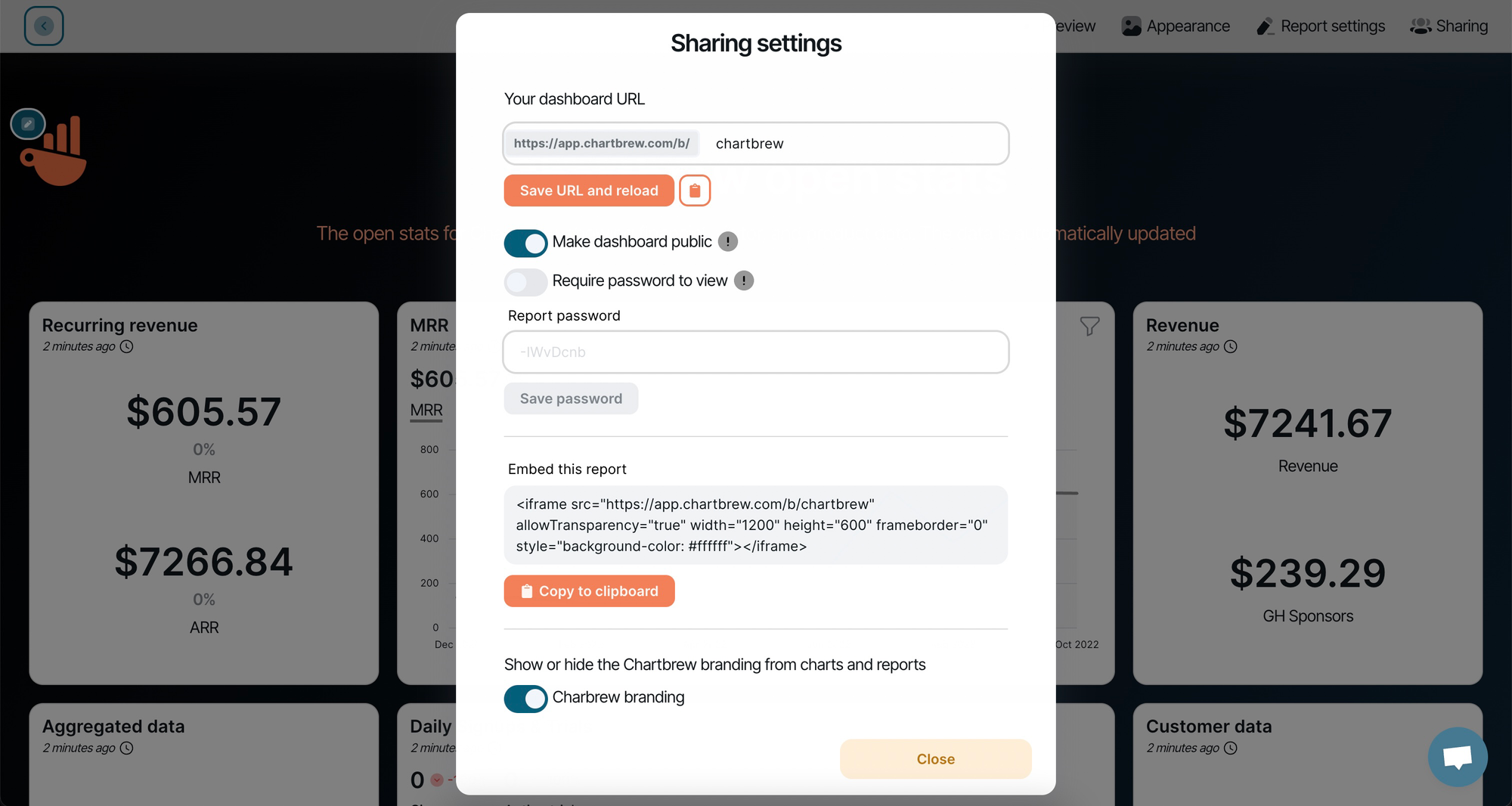 Sharing settings for the reports