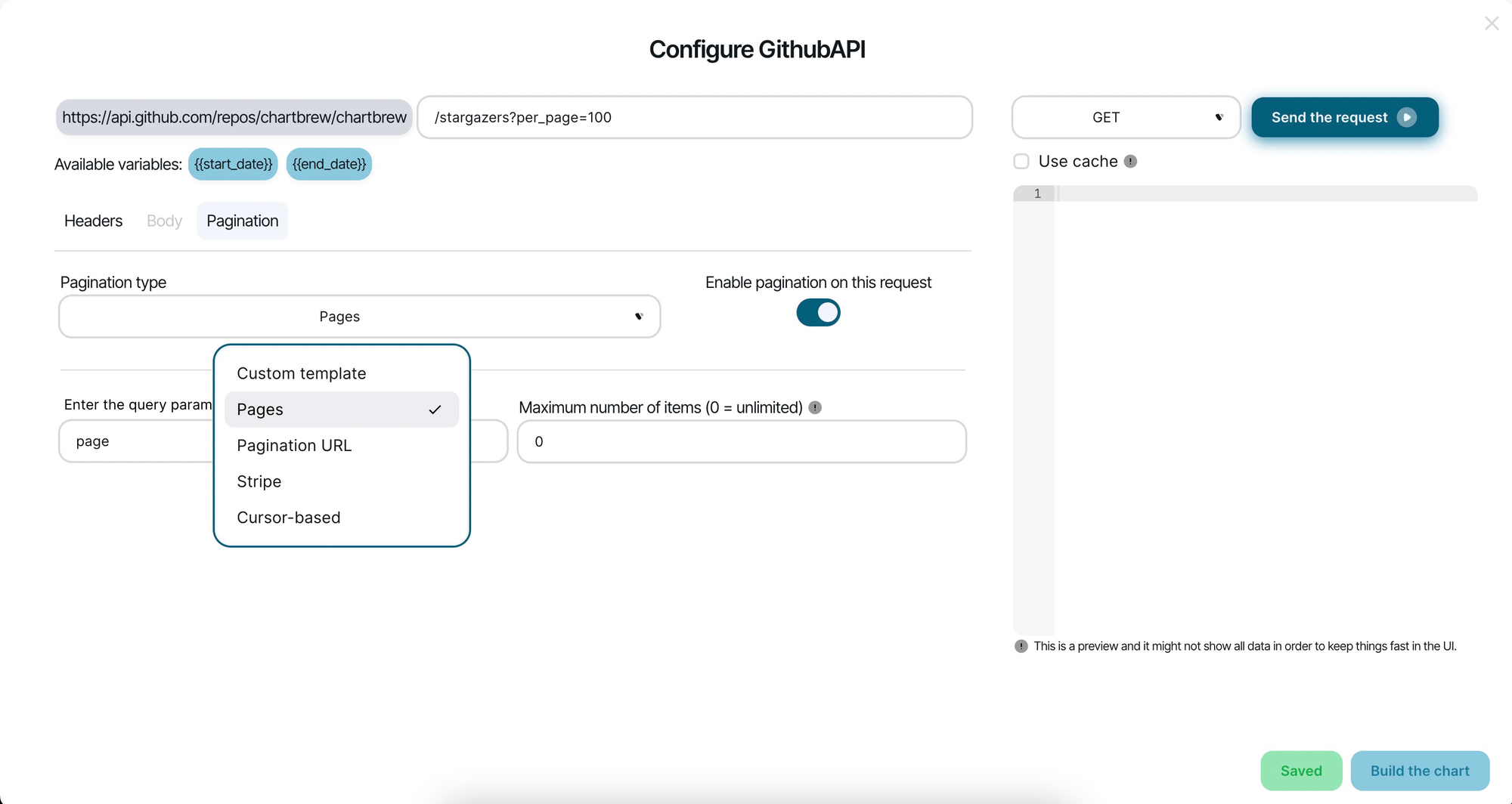 API pagination options in Chartbrew