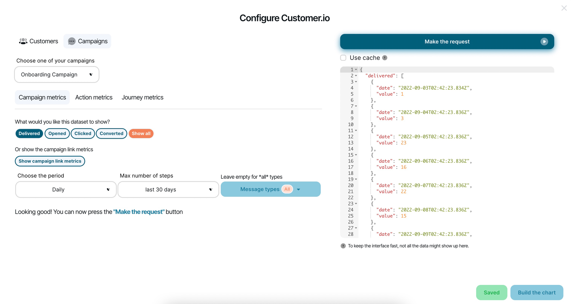 Fetching data from customer.io using the Chartbrew integration