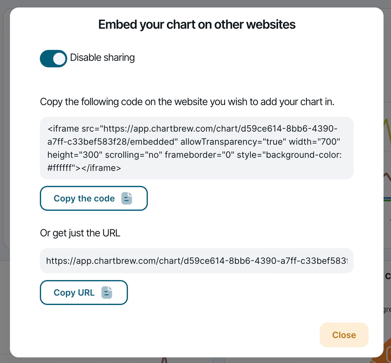 Sharing & Embedding options for charts in Chartbrew