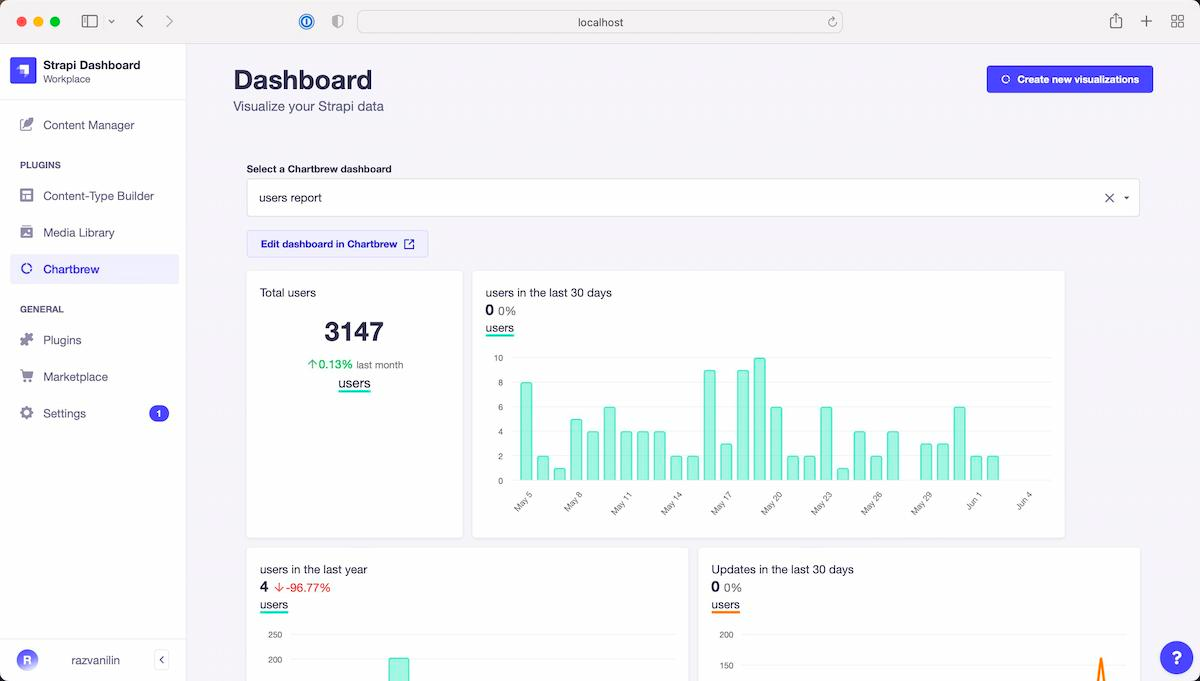 Chartbrew plugin view in the Strapi dashboard