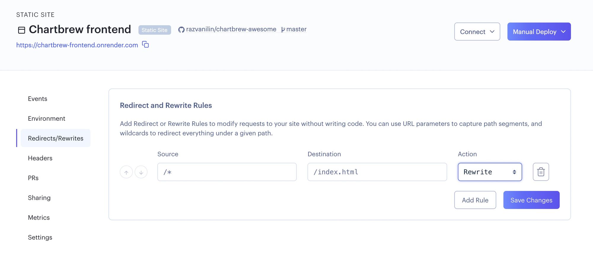 Rewrite rules for the Chartbrew front-end on Render