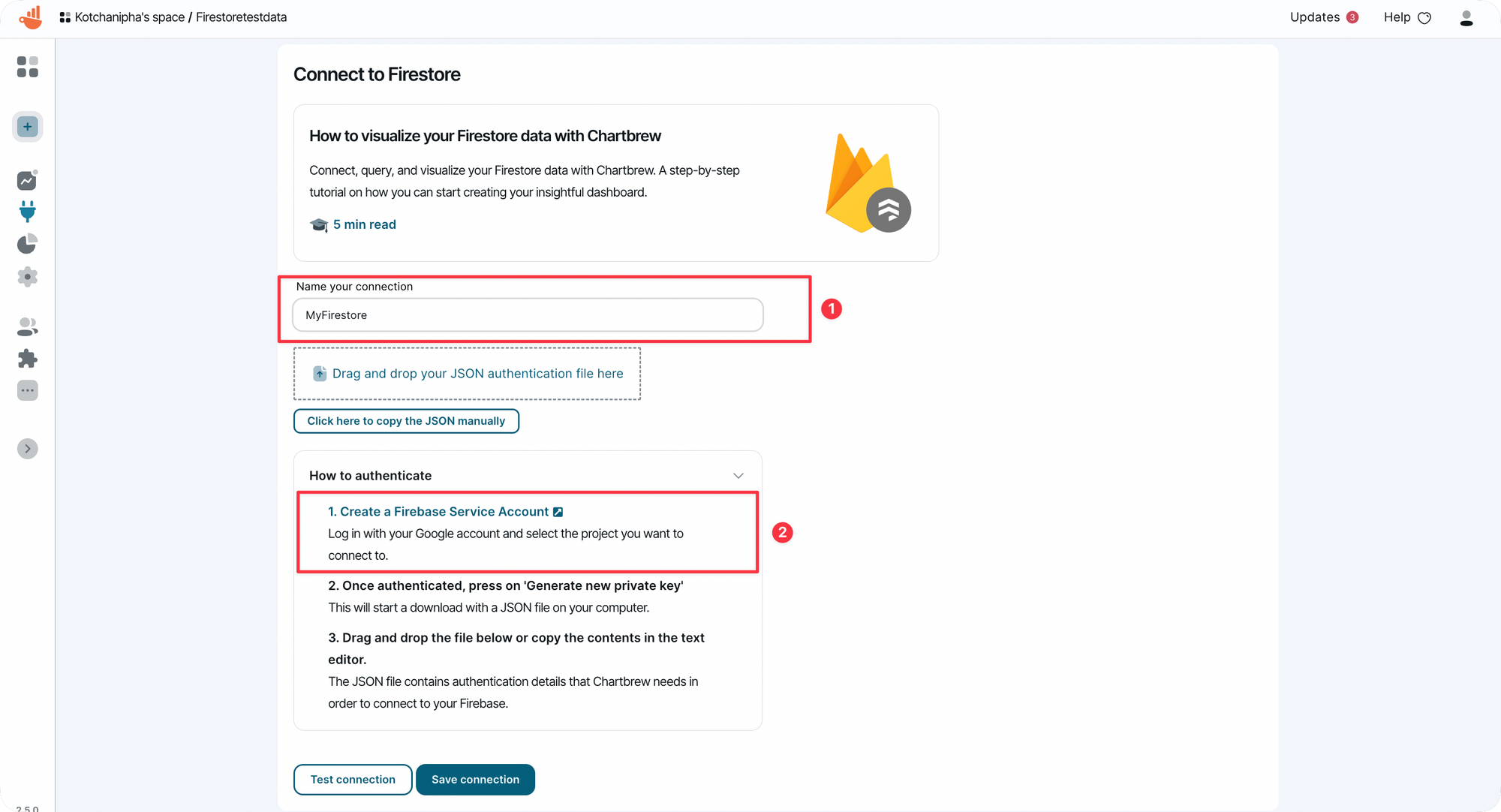 Firestore connection form in Chartbrew