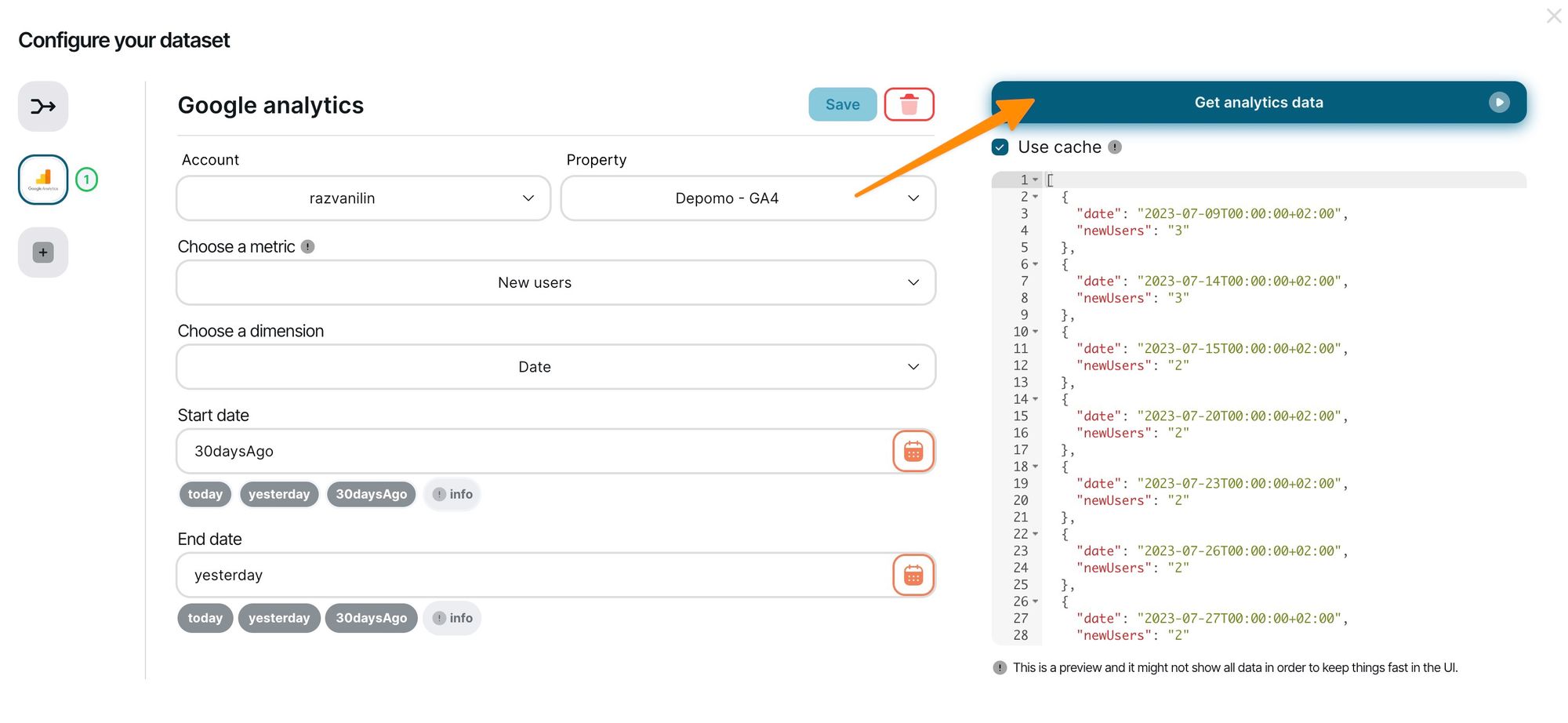 Custom Chartbrew data request for the Google Analytics integration