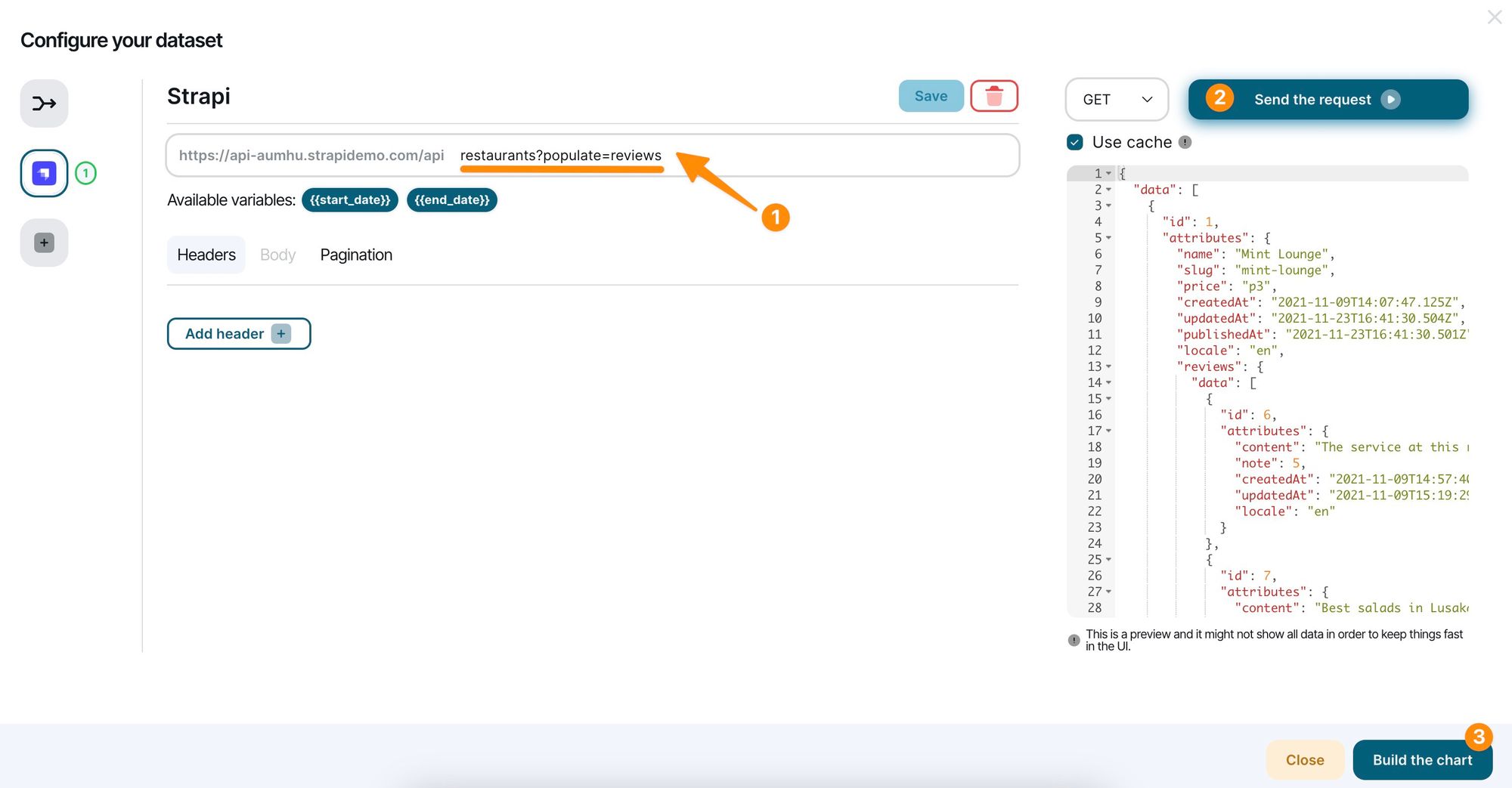 Configure Strapi API request to fetch data in Chartbrew