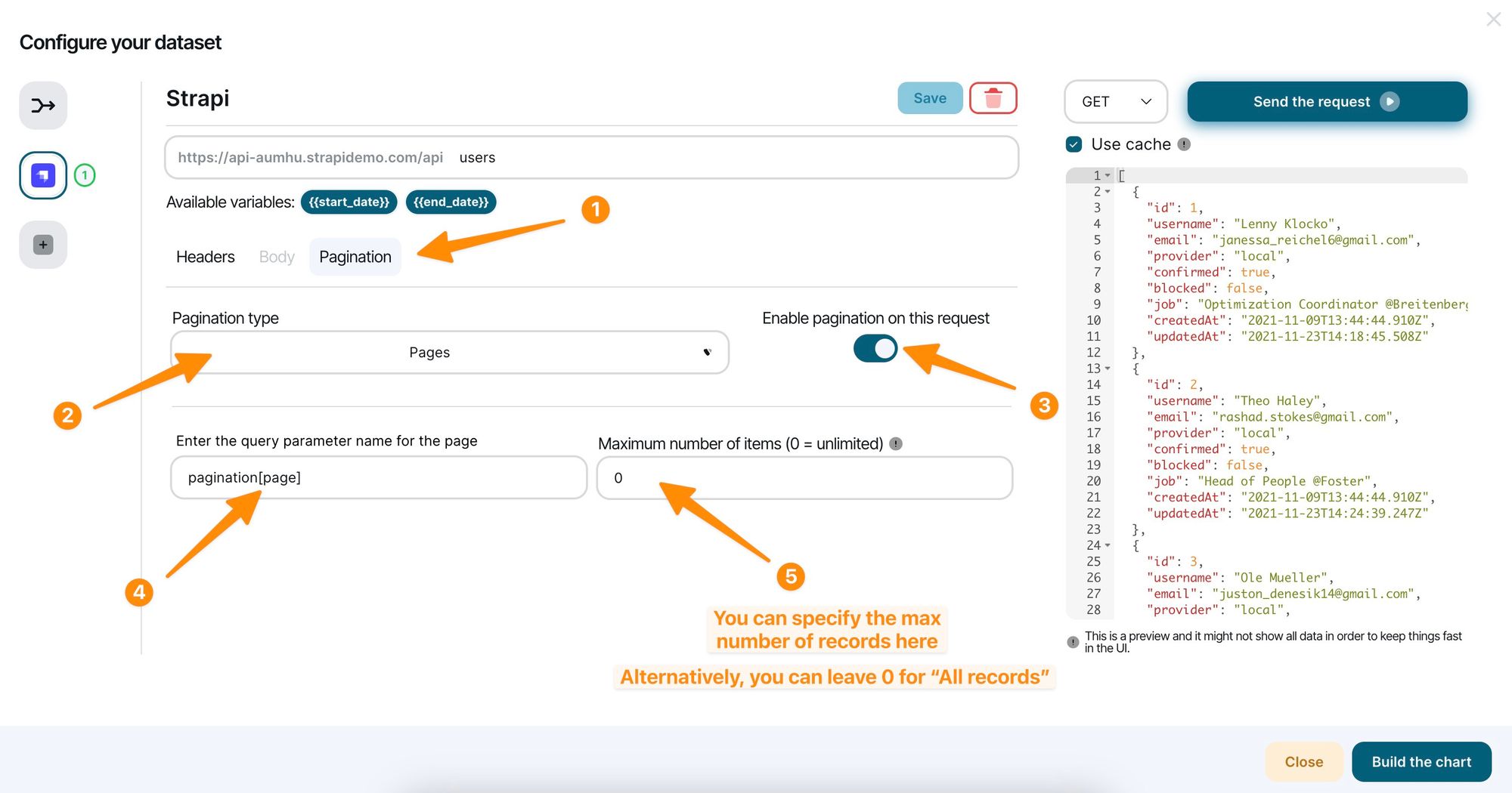 Strapi API pagination through Chartbrew