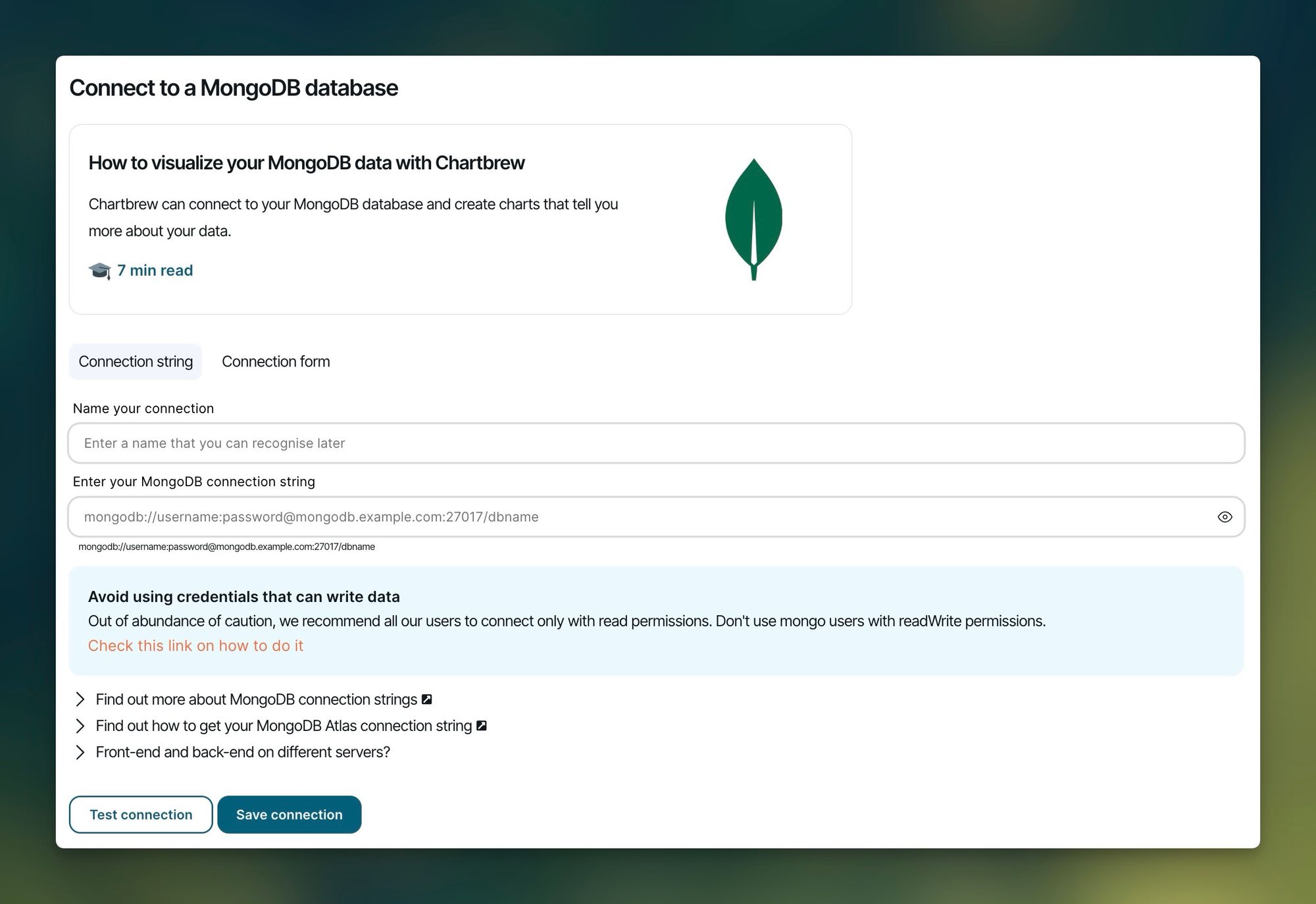 MongoDB data connection form