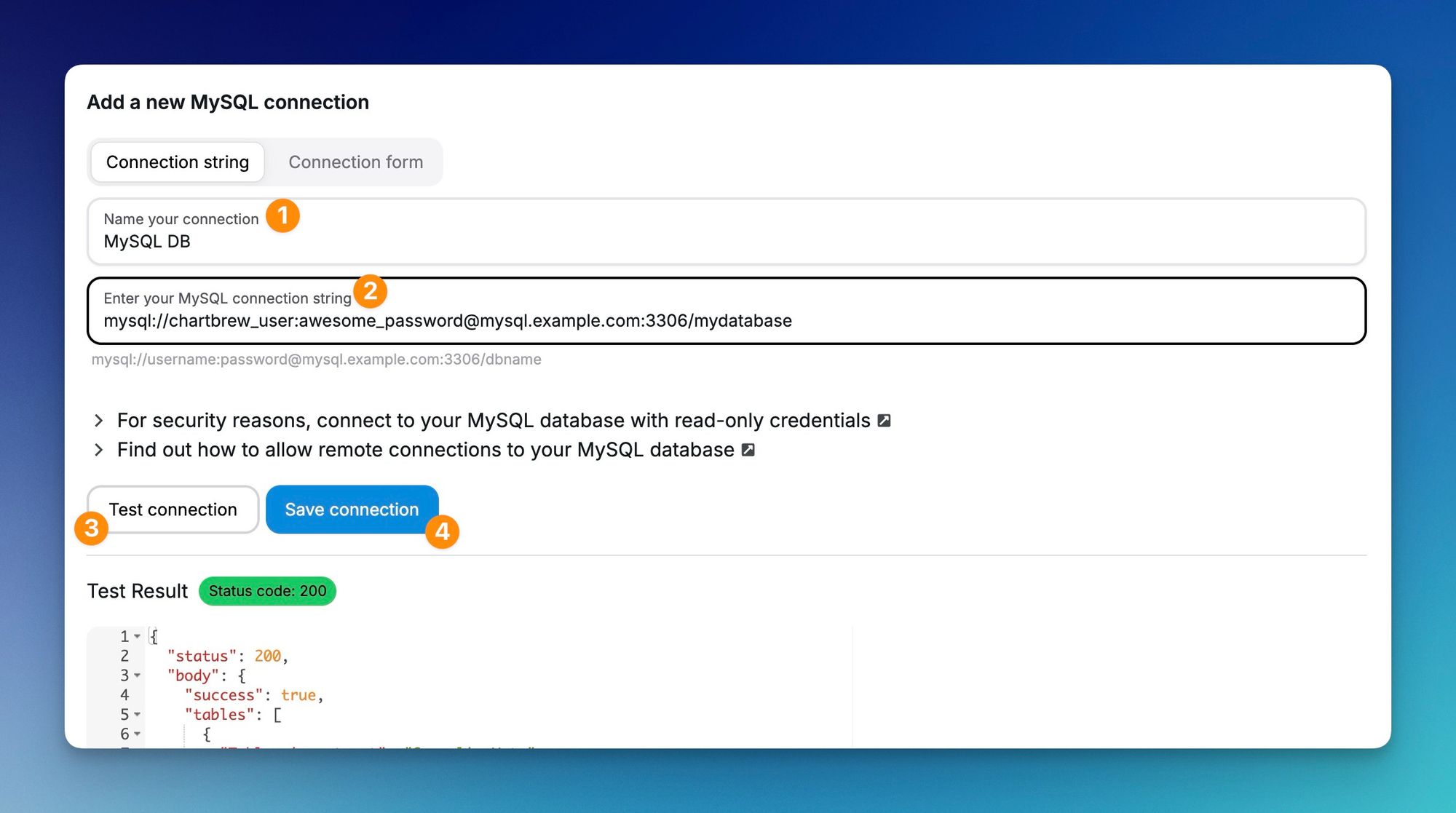 MySQL connection string in Chartbrew