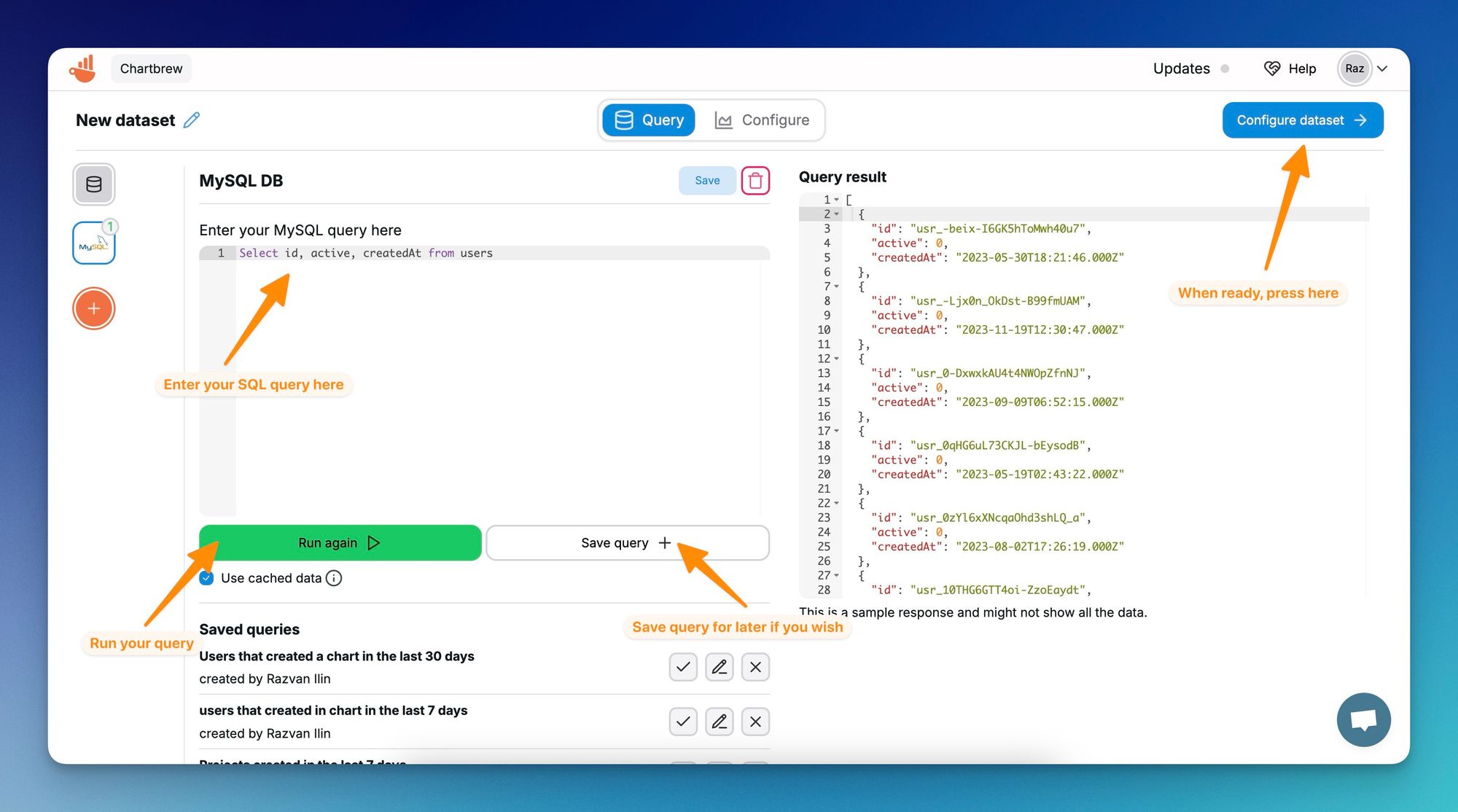 Running MySQL queries in Chartbrew