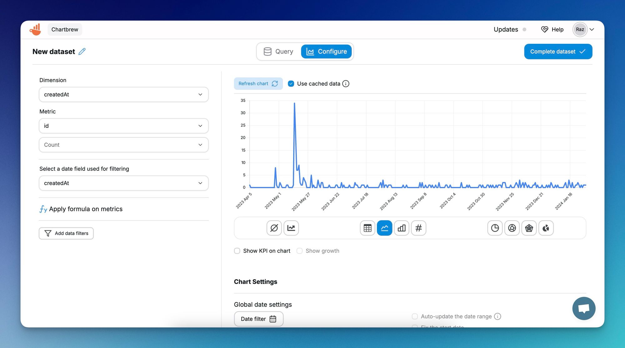 Visualize MySQL dataset in Chartbrew