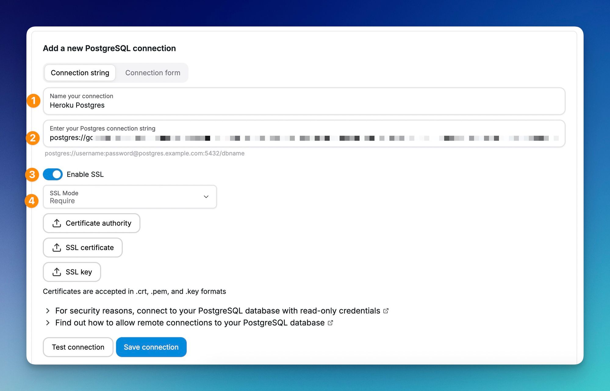 Chartbrew connection form for Postgres