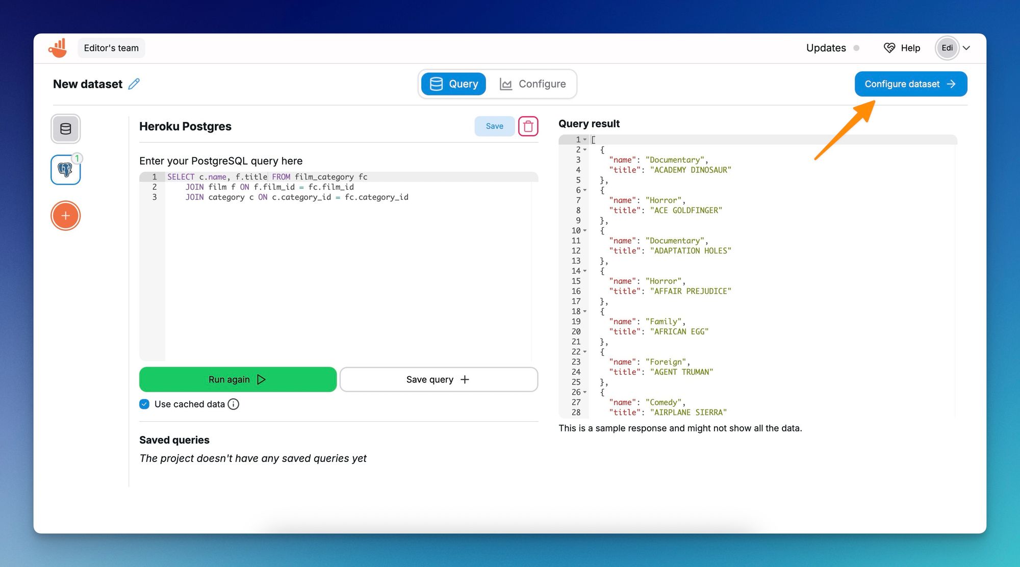 Postgres query to fetch data in Chartbrew