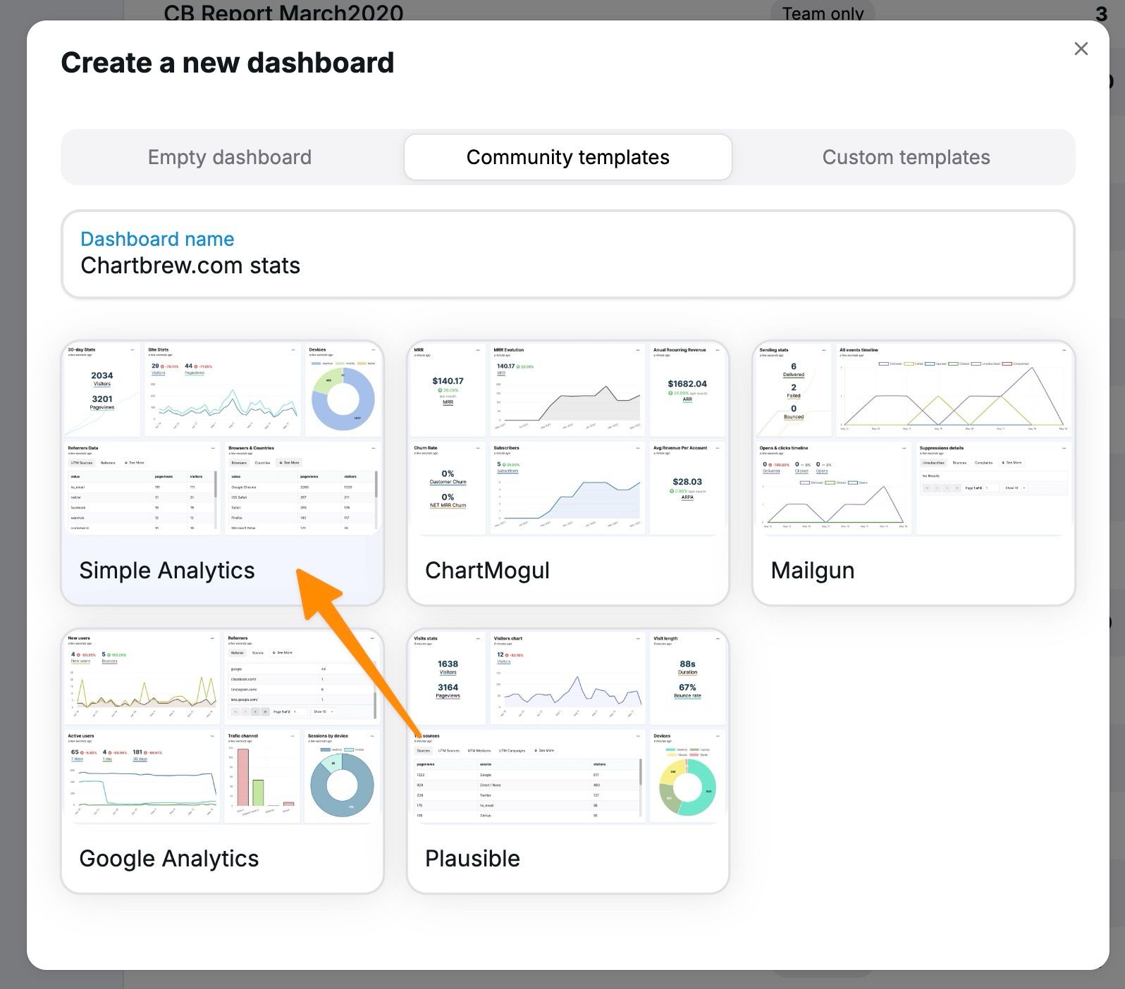 Creating a new dashboard in Chartbrew