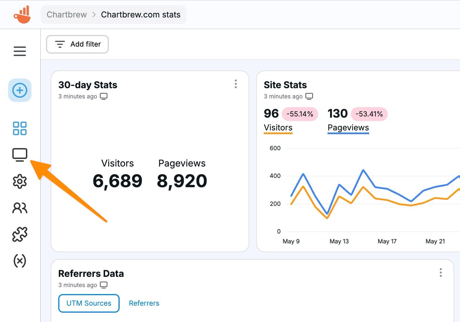 Accessing the Chartbrew report from the side menu