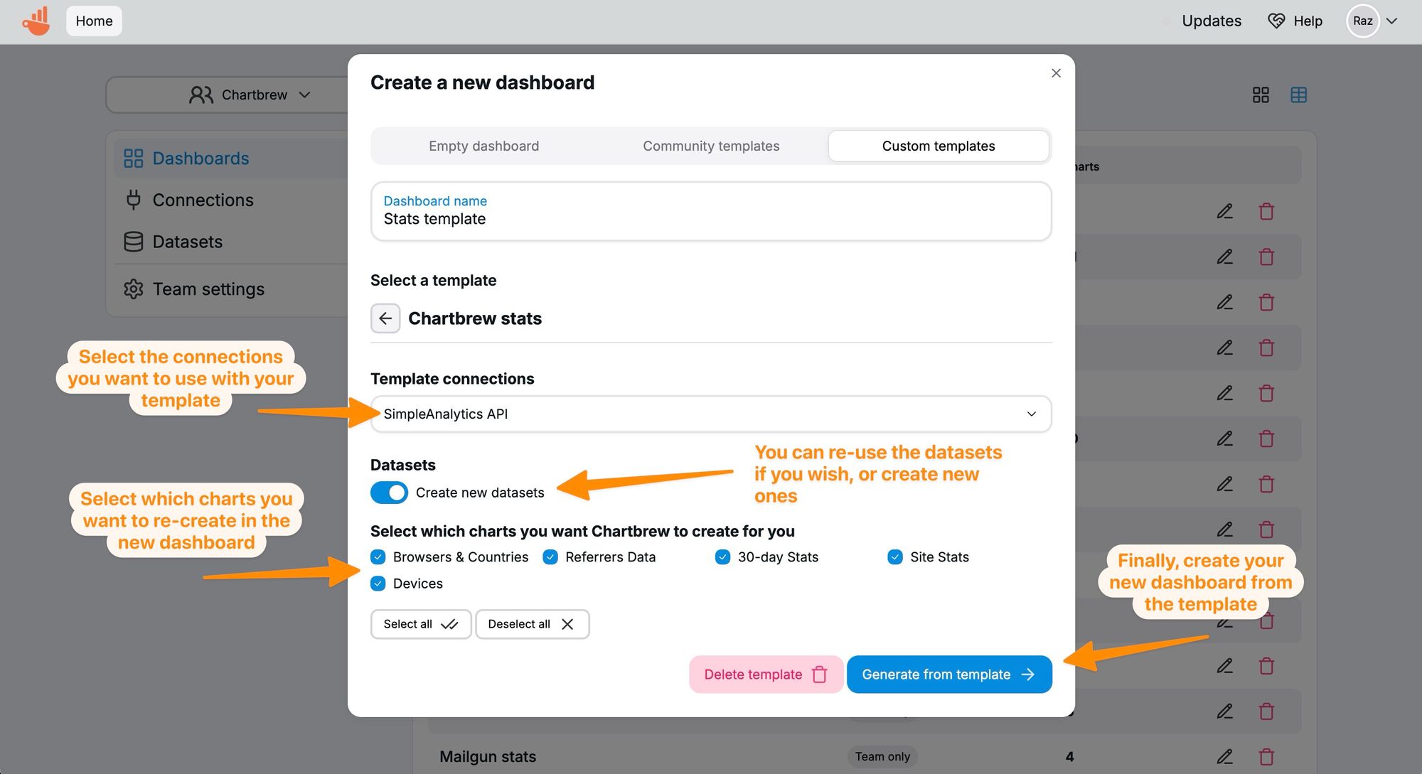 The template configuration screen in Chartbrew