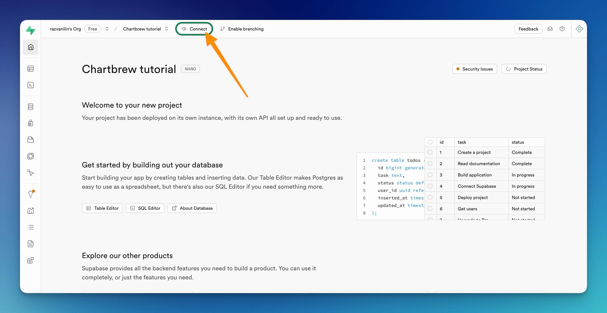 Accessing connection settings in Supabase