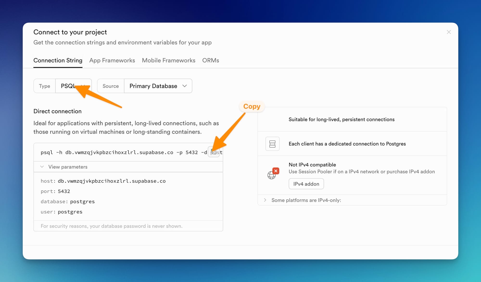 Copying the psql authentication command for Postgres