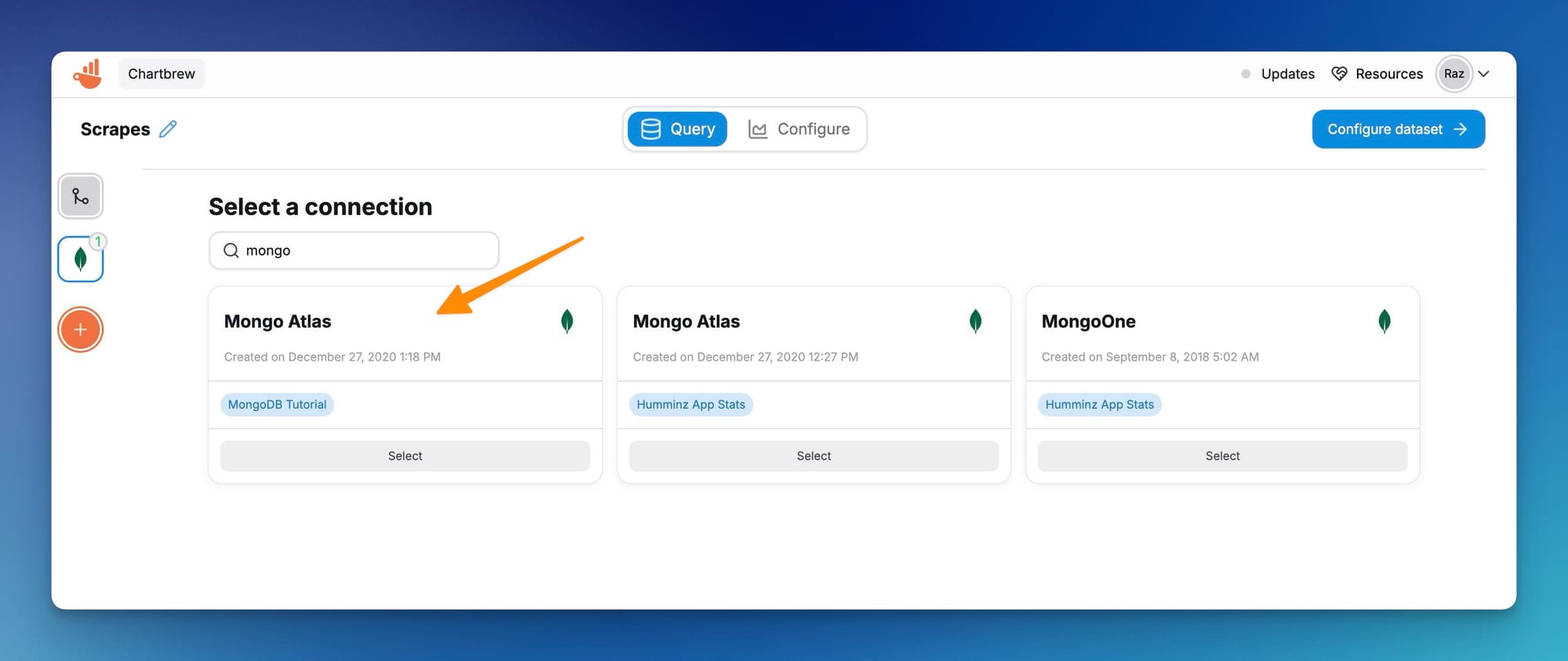 Selecting a MongoDB connection for the Chartbrew dataset