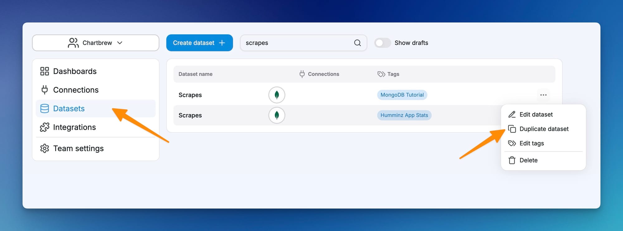 Duplicating MongoDB datasets in Chartbrew