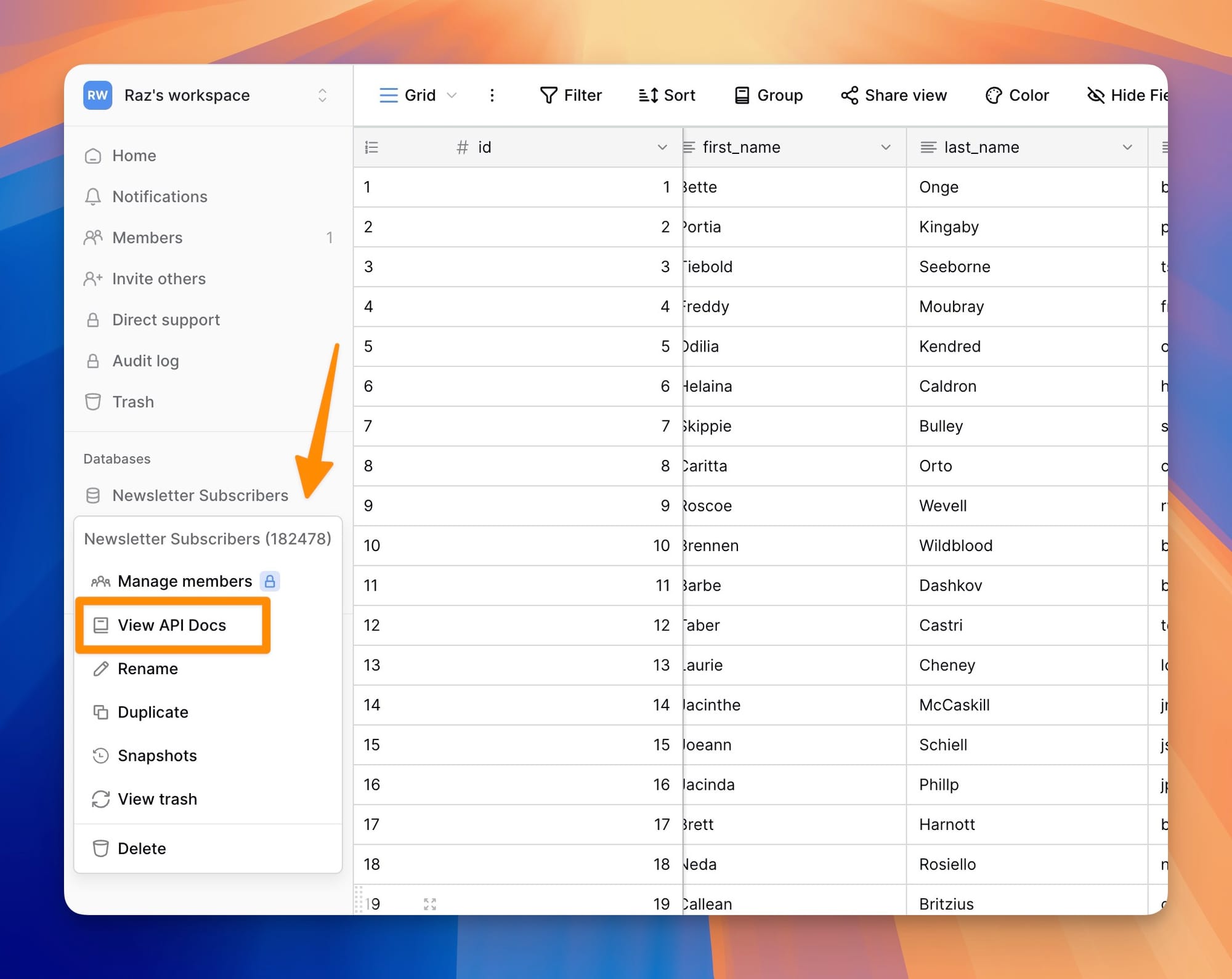 Navigating to Baserow's API docs page