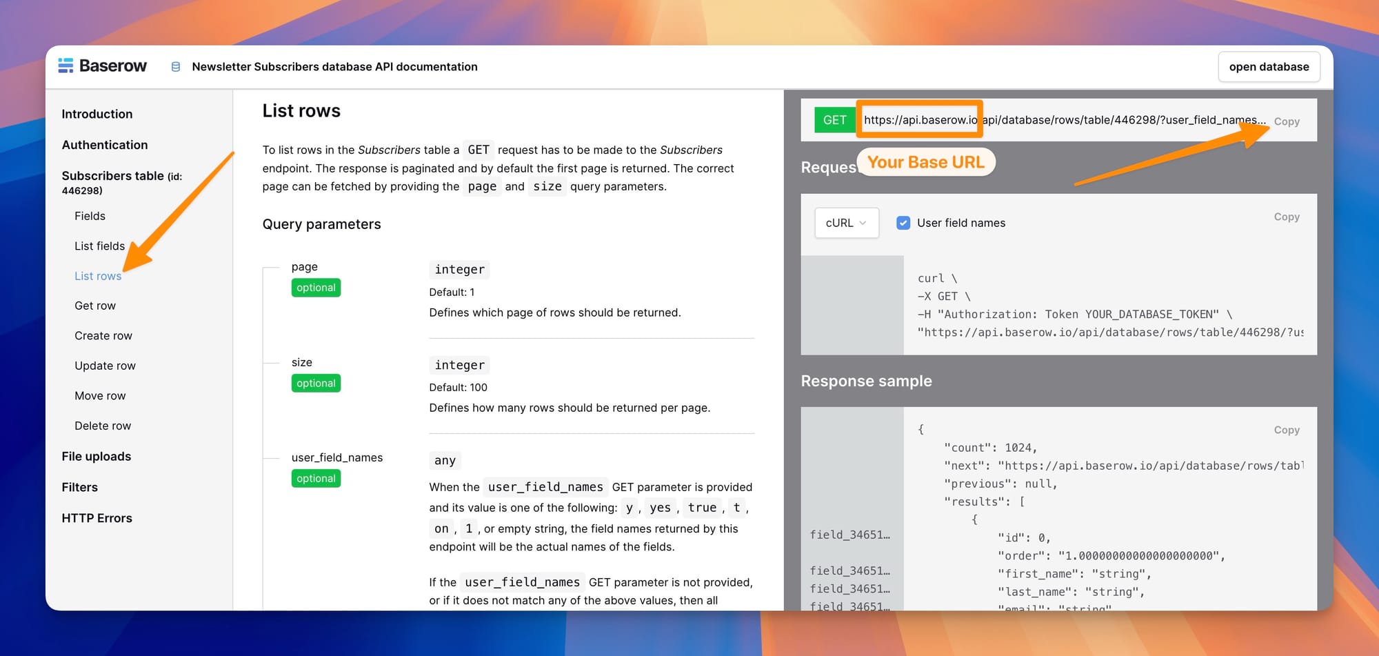 Baserow list rows documentation